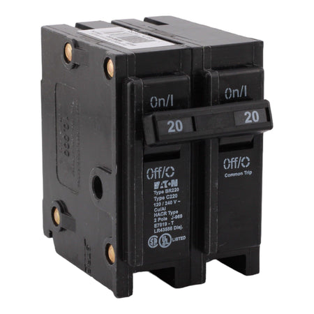 Eaton BR220 20A Double Pole 120/240V Thermal Magnetic Circuit Breaker, Plug-In, Type BR for BR Load Centers