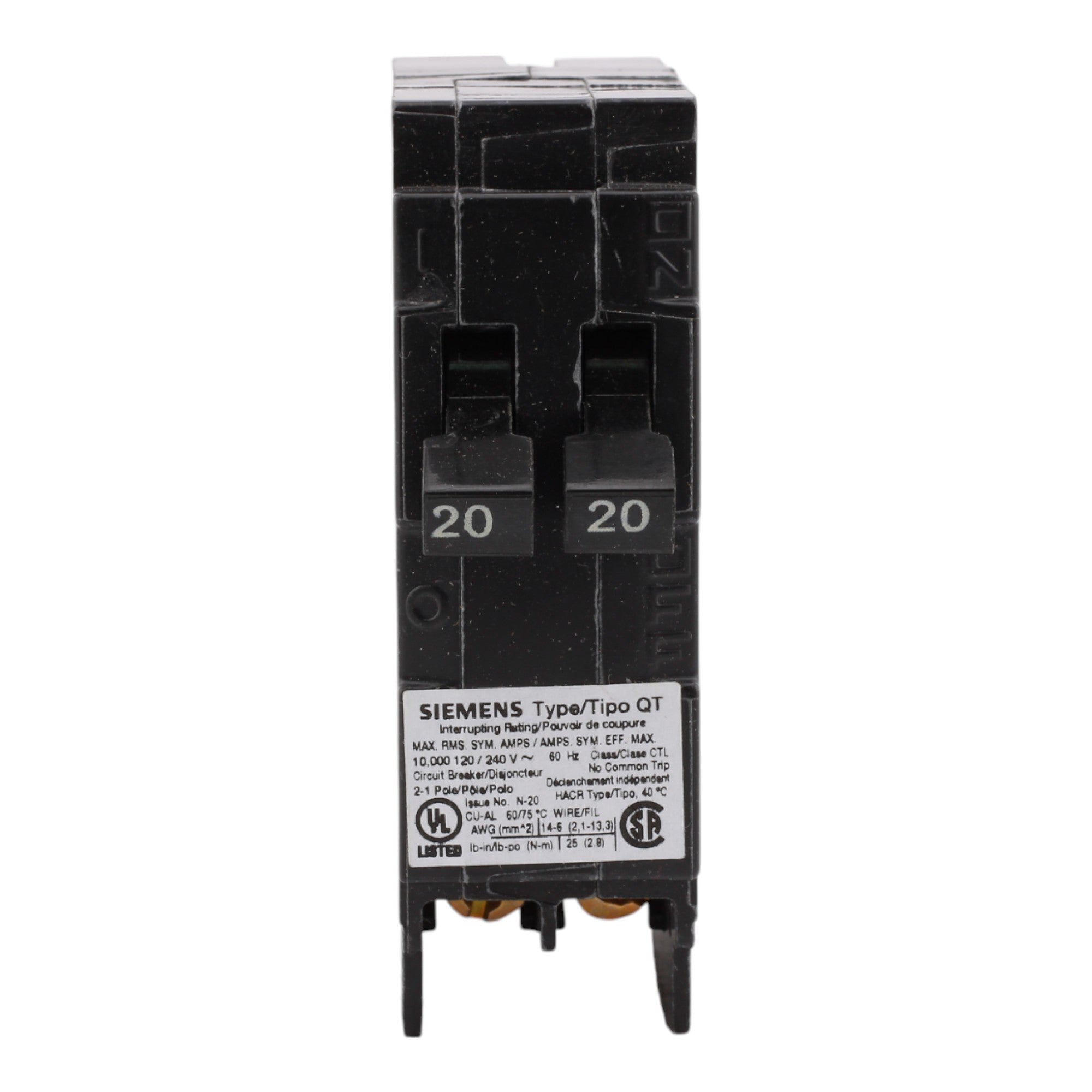 Siemens Q2020 Tandem 20/20A 1P 120V 10kA Circuit Breaker - Image 2