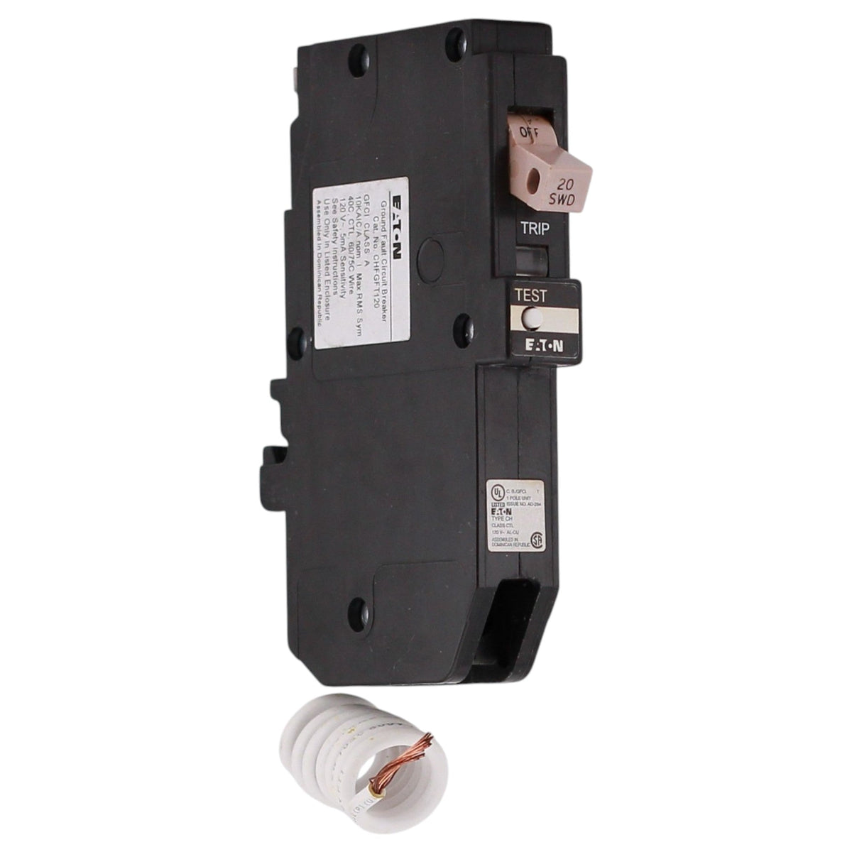 Eaton CH, CHFGFT120, 20A, 1P, 120/240V, GFCI, Pigtail Neutral, Circuit Breaker