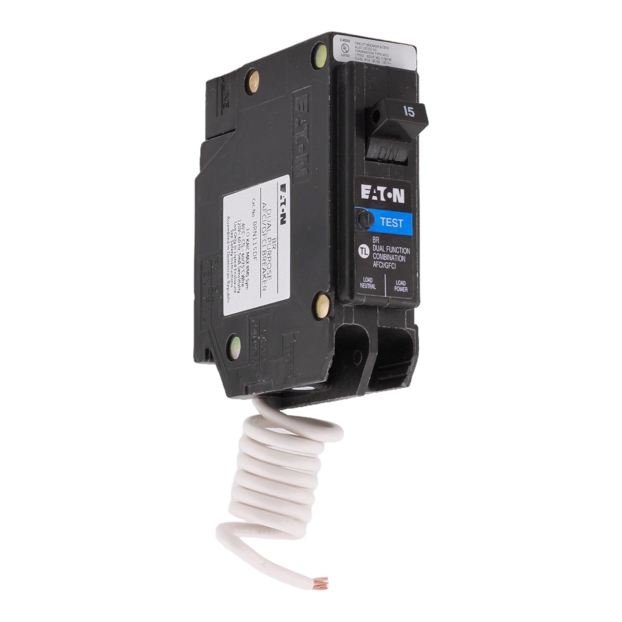 Eaton BR BRN115DF 15A 1P 120V AFCI/GFCI Pigtail Neutral Circuit Breaker