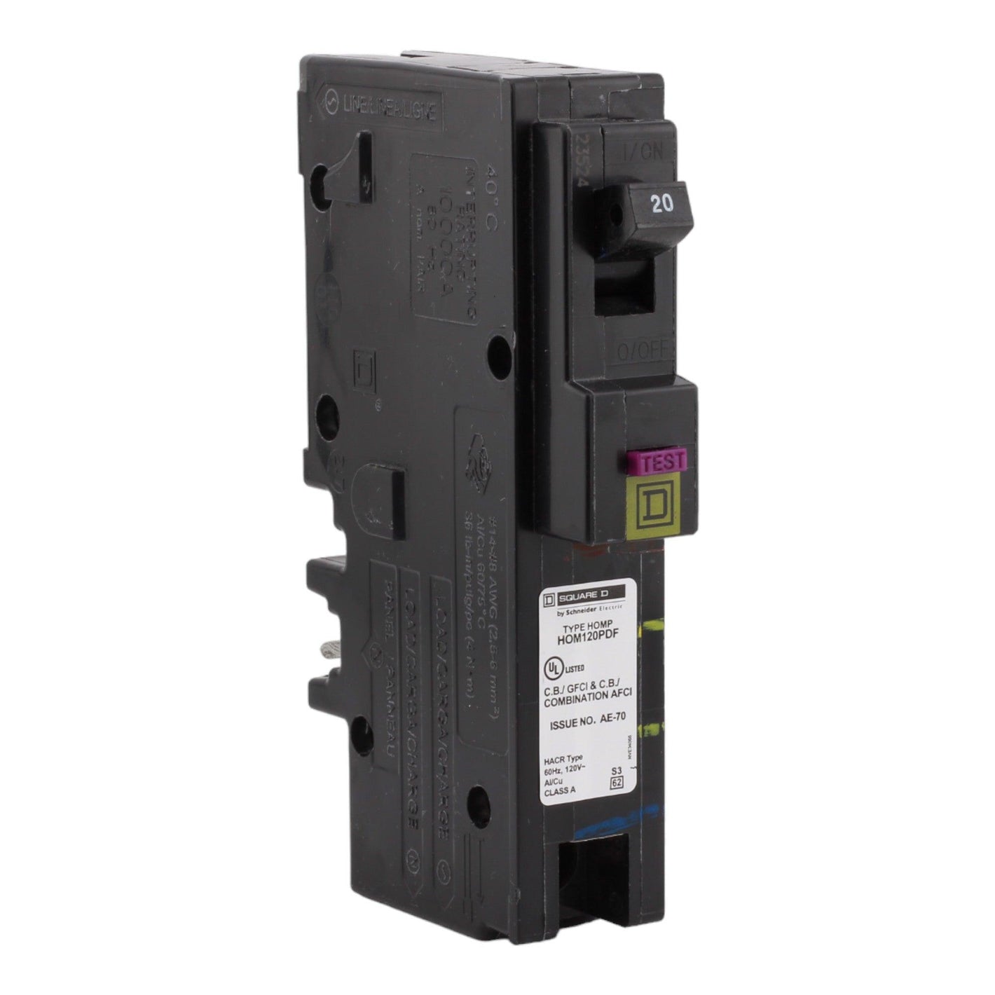 Square D Homeline HOM120PDF 20A 1P 120V AFCI/GFCI Plug on Neutral Circuit Breaker