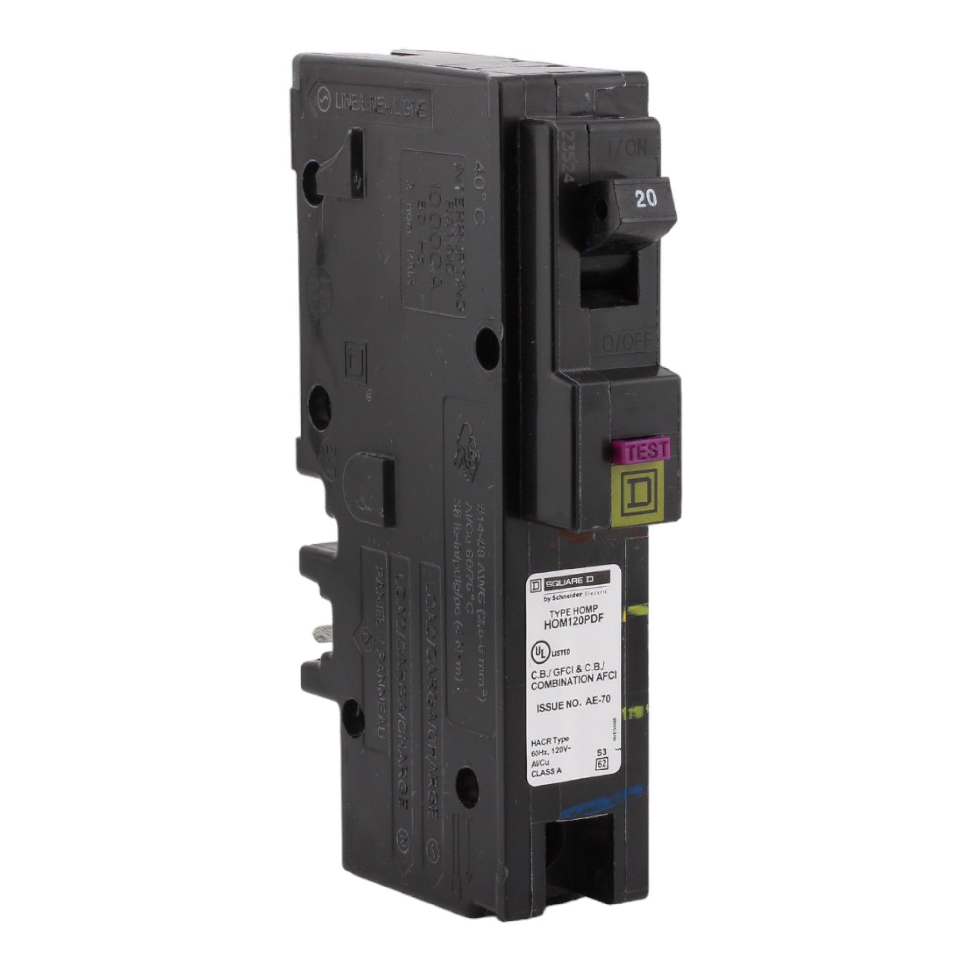 Square D Homeline HOM120PDF 20A 1P 120V AFCI/GFCI Plug on Neutral Circuit Breaker