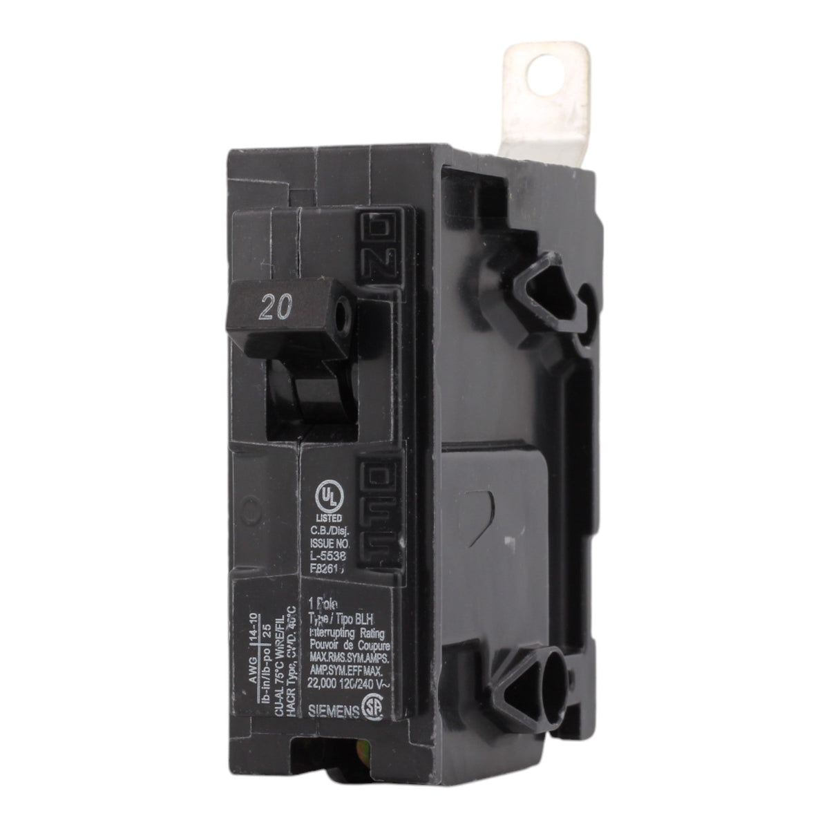 Siemens B120H 20A 120V 1-Pole Thermal Magnetic Circuit Breaker, 22kA Interrupt, Type BLH - Image 3