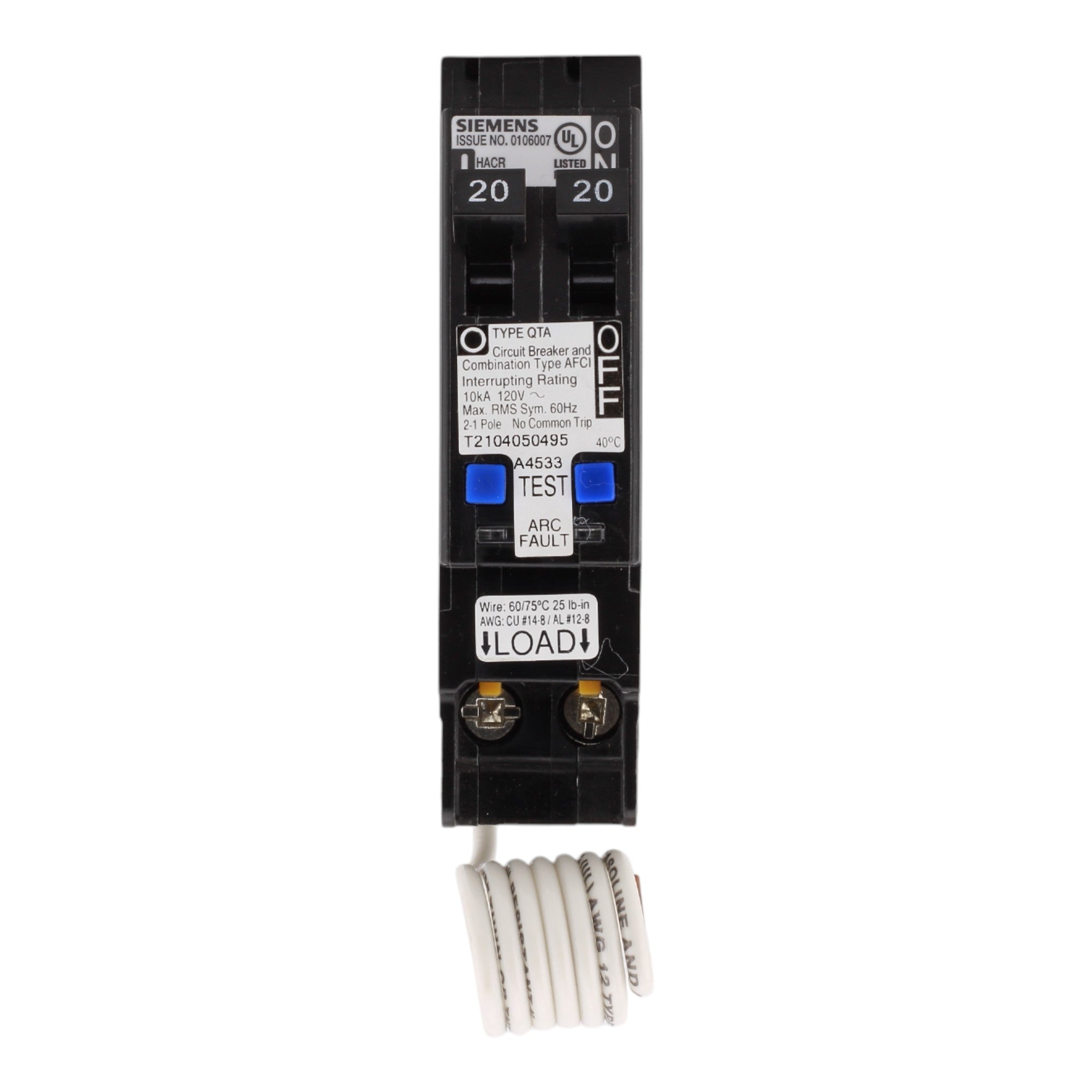Siemens Q2020AFC, 20A/20A, 120V, Twin (Tandem) Plug-In Circuit Breaker, Combination Type AFCI, 10kA Interrupt Rating - Image 2