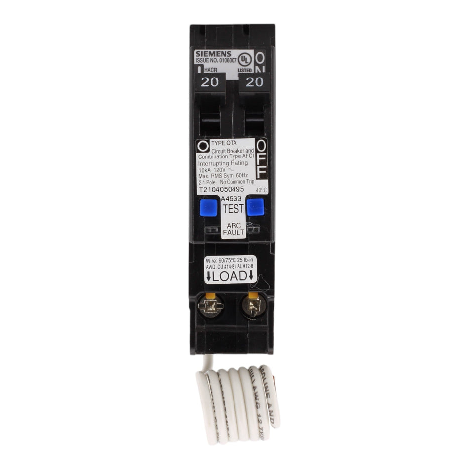 Siemens Q2020AFC, 20A/20A, 120V, Twin (Tandem) Plug-In Circuit Breaker, Combination Type AFCI, 10kA Interrupt Rating - Image 2