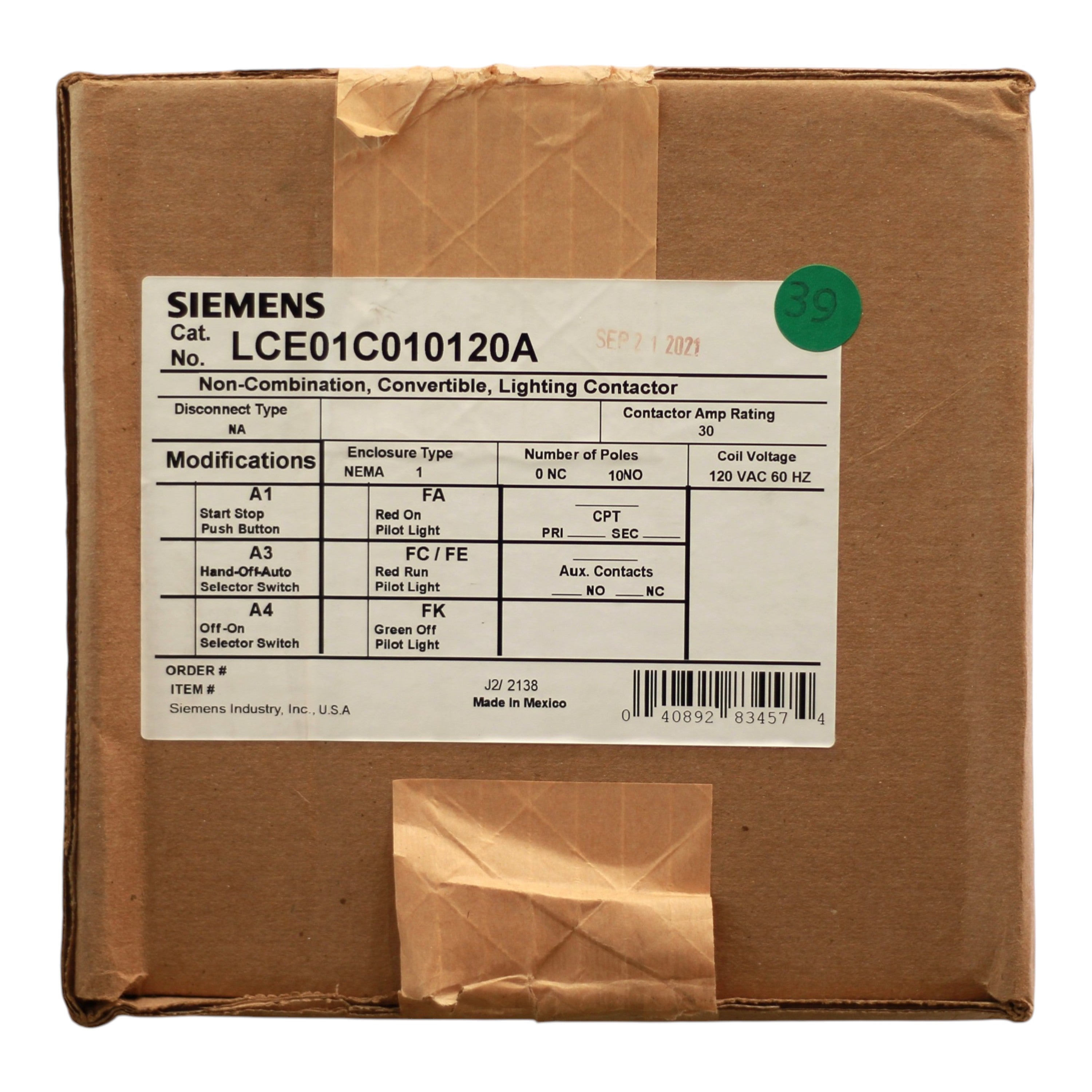 Siemens, LCE01C010120A, 30A, 10-Pole, 120V, Electrically Held, NEMA 1, Lighting Contactor - Image 3