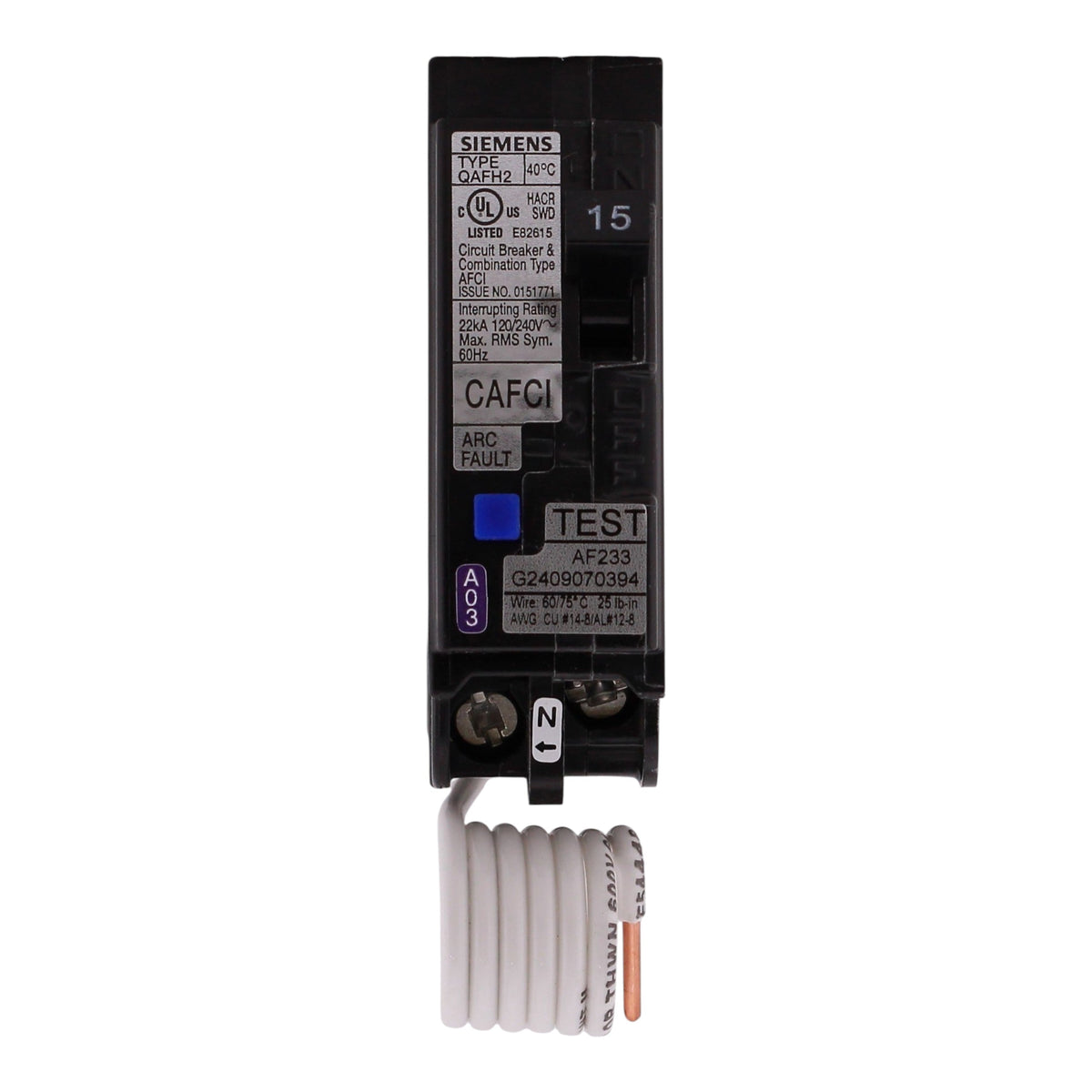 Siemens QAFH2, QA115AFCH, 15A, 1P, 120V, CAFCI, Pigtail Neutral, Circuit Breaker - Image 6