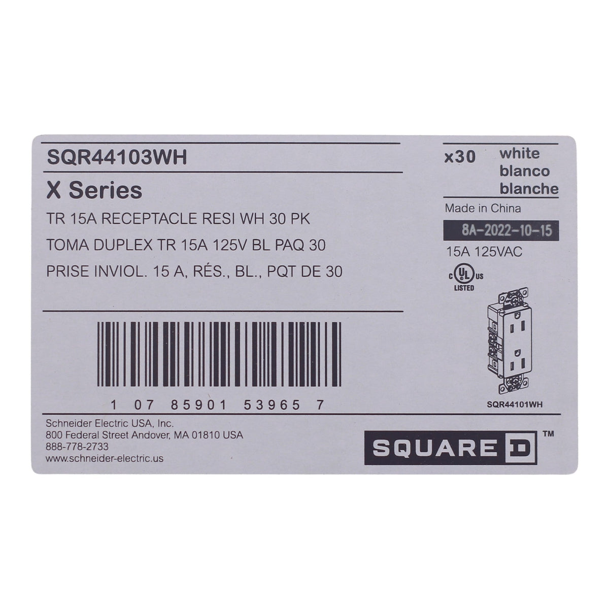 30-PACK Square D SQR44103WH X Series 15A 125V Tamper Resistant Duplex Outlet, Matte White Finish - Image 6