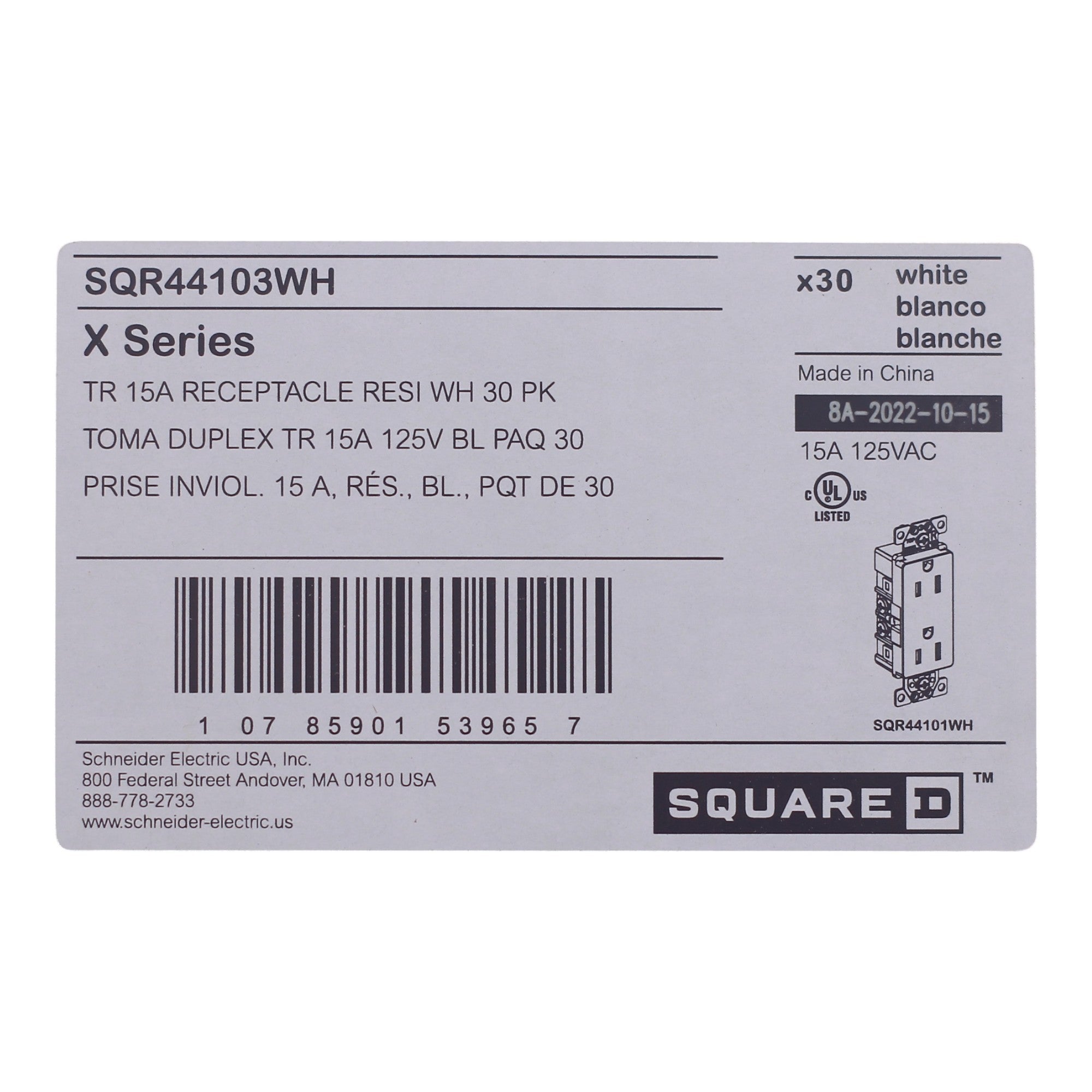 30-PACK Square D SQR44103WH X Series 15A 125V Tamper Resistant Duplex Outlet, Matte White Finish - Image 6