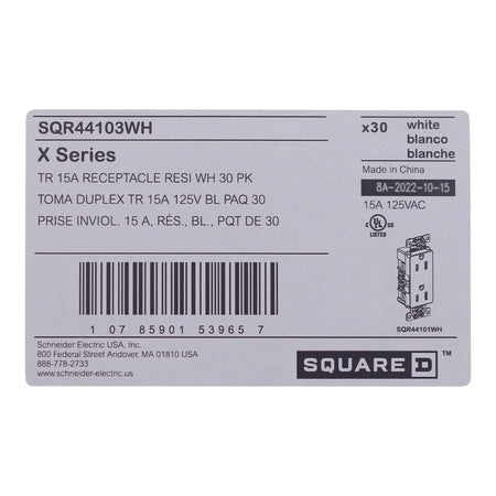 30-PACK Square D SQR44103WH X Series 15A 125V Tamper Resistant Duplex Outlet, Matte White Finish - Image 6