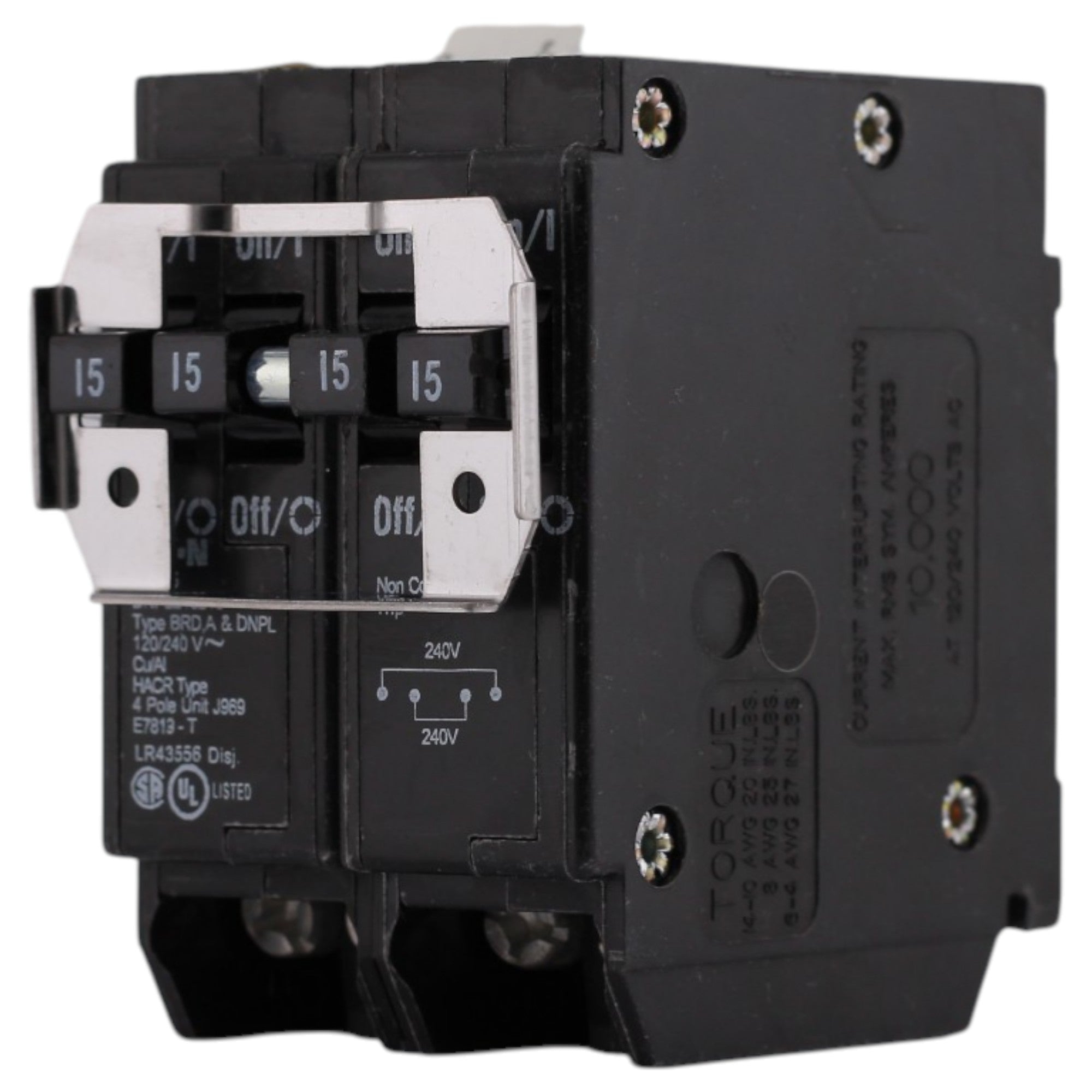Eaton BR, BR415, (2) 15A, 4P, 120/240V, Quadplex, Non-CTL, Plug-On, Circuit Breaker - Image 3