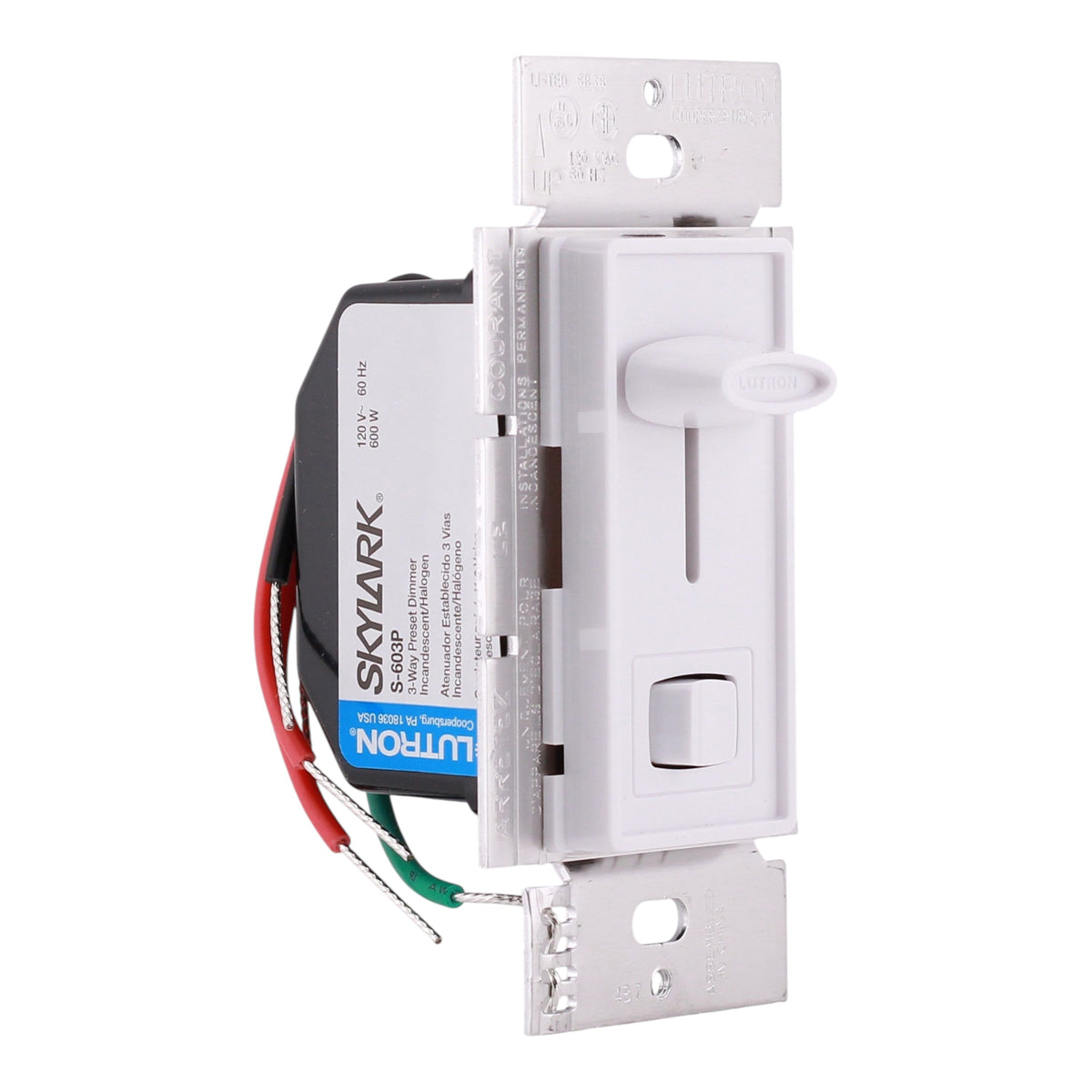 Lutron Skylark, S-603P-WH, 600W, 120V, 3-Way/Single-Pole, Incandescent/Halogen, Slide Dimmer, White