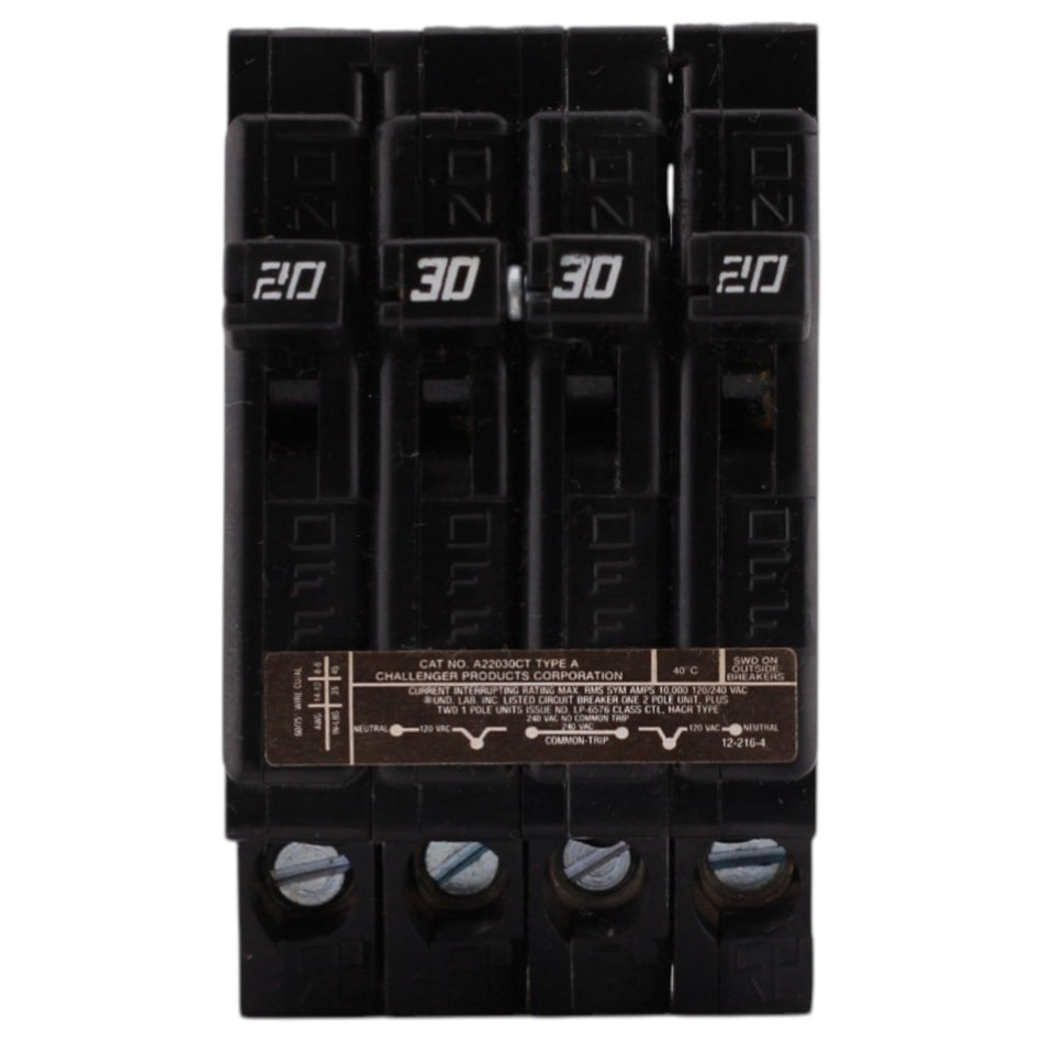 Challenger Type A, A22030CT, 20A/30A, 4P, 120/240V, Quadplex, Plug-In, Circuit Breaker - Image 2