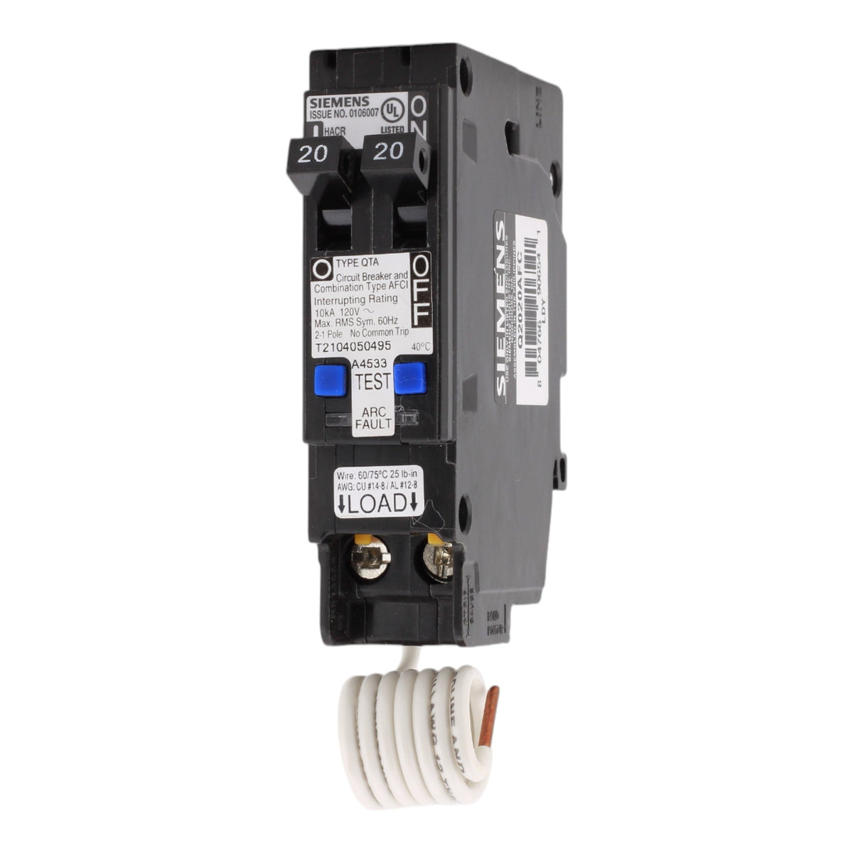 Siemens Q2020AFC, 20A/20A, 120V, Twin (Tandem) Plug-In Circuit Breaker, Combination Type AFCI, 10kA Interrupt Rating - Image 3