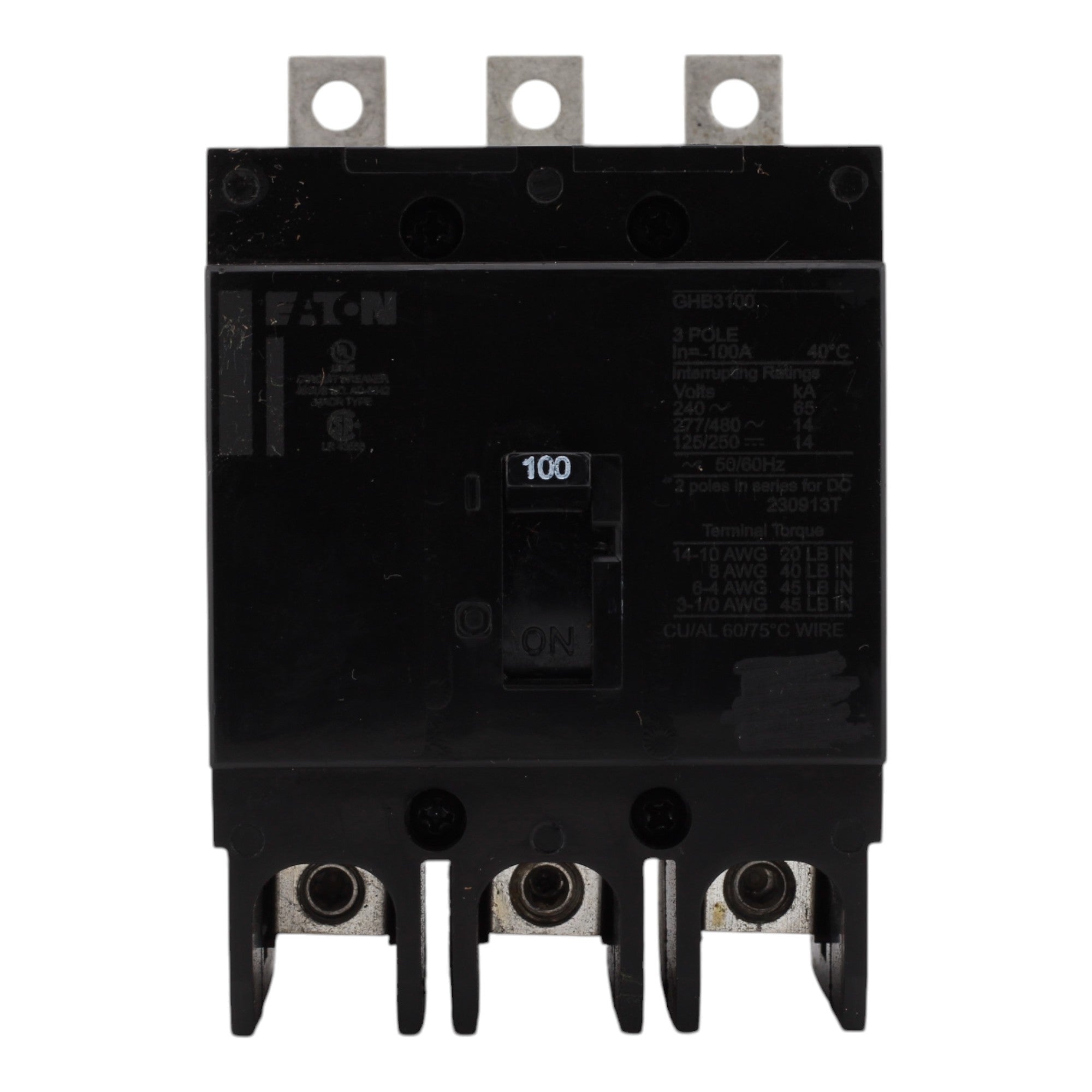 Eaton GHB3100 Molded Case Circuit Breaker, 100A, 480Y/277V AC, 125/250V DC, 3-Pole, 14 kAIC, G-Frame - Image 2
