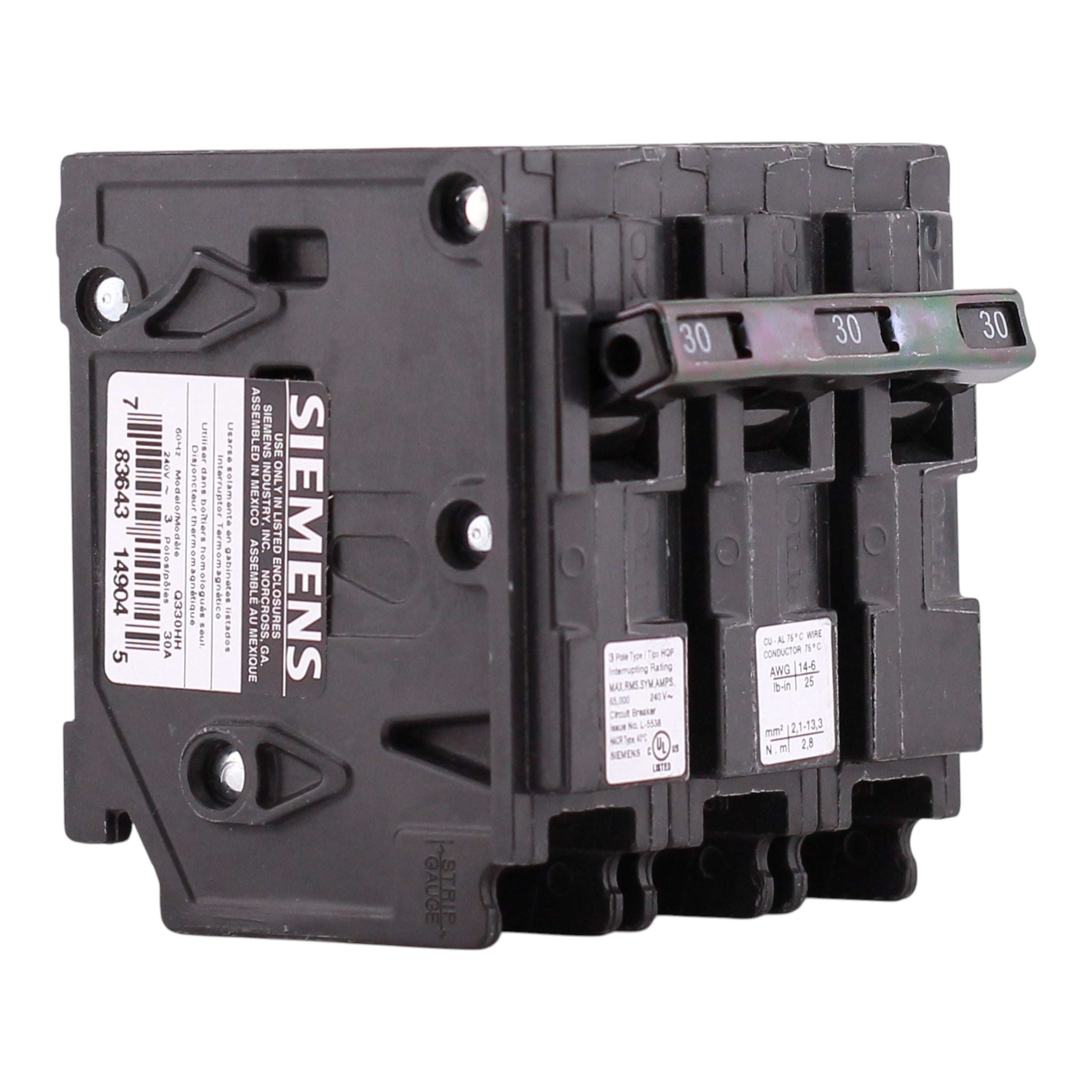 Siemens HQP, Q330HH, 30A, 3P, 240V, 66kA, Thermal Magnetic, Plug-In, Circuit Breaker