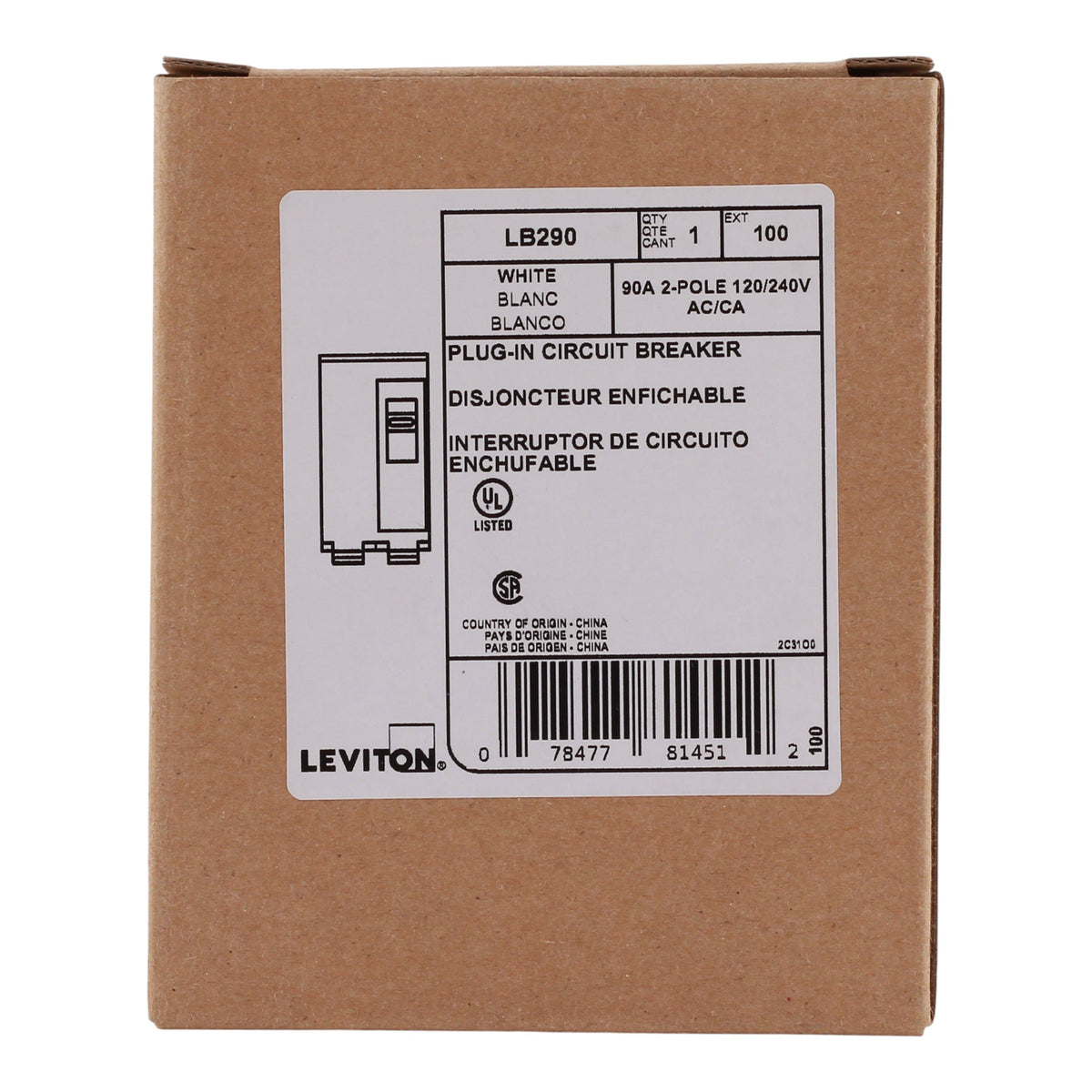 Leviton LB290 90A 2P 120/240V Standard Hydraulic Magnetic Circuit Breaker - Image 3