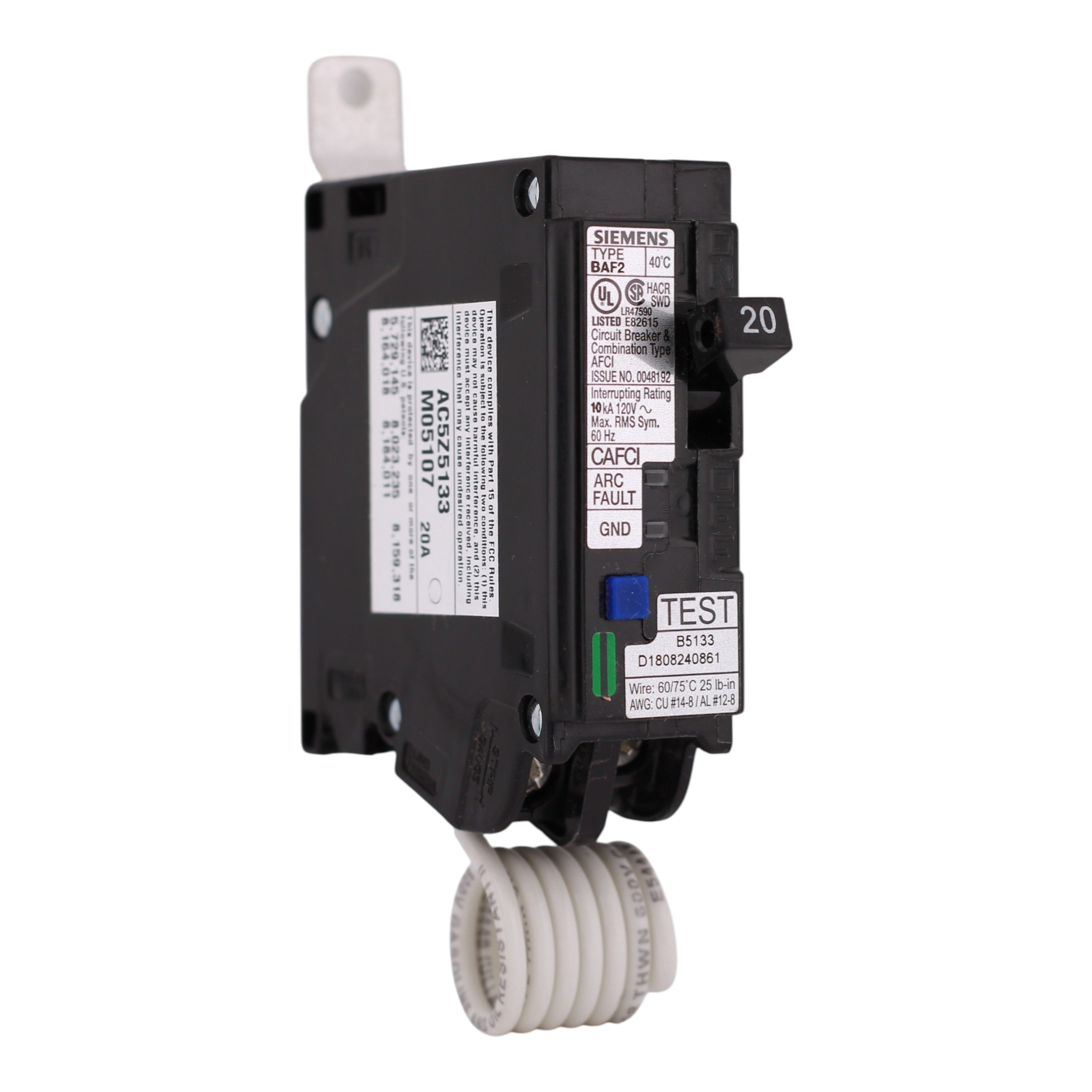 Siemens BA, BA120AFC, 20A, 1P, 120V, AFCI, Pigtail Neutral, Circuit Breaker