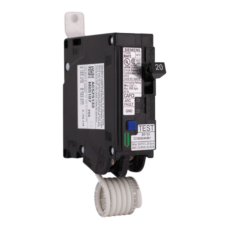 Siemens BA, BA120AFC, 20A, 1P, 120V, AFCI, Pigtail Neutral, Circuit Breaker