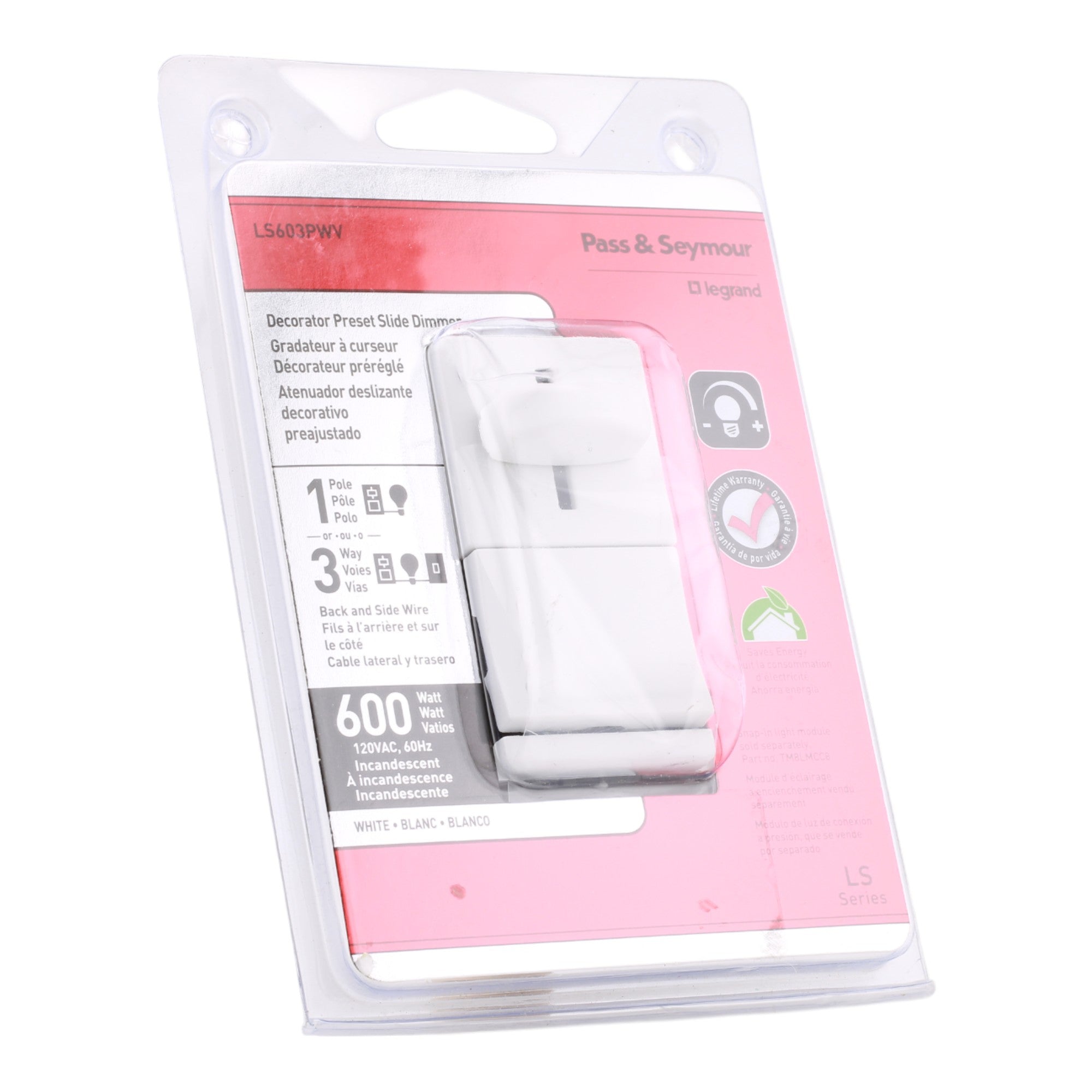 Legrand LS603PWV 600W 3-Way Preset Slide Dimmer White