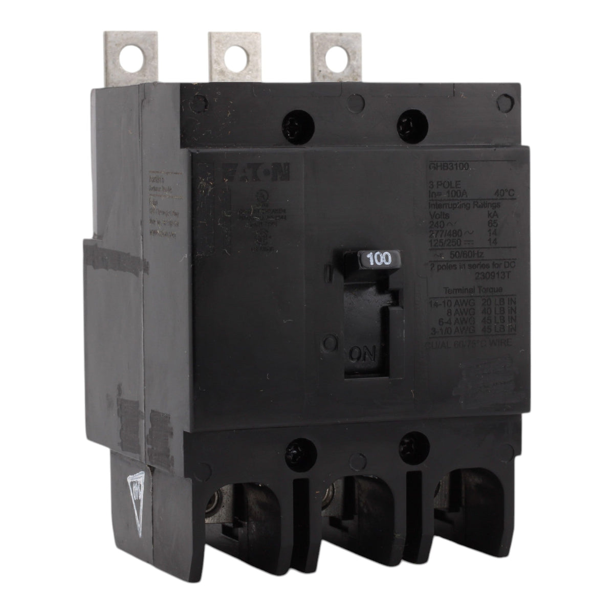 Eaton GHB3100 Molded Case Circuit Breaker, 100A, 480Y/277V AC, 125/250V DC, 3-Pole, 14 kAIC, G-Frame