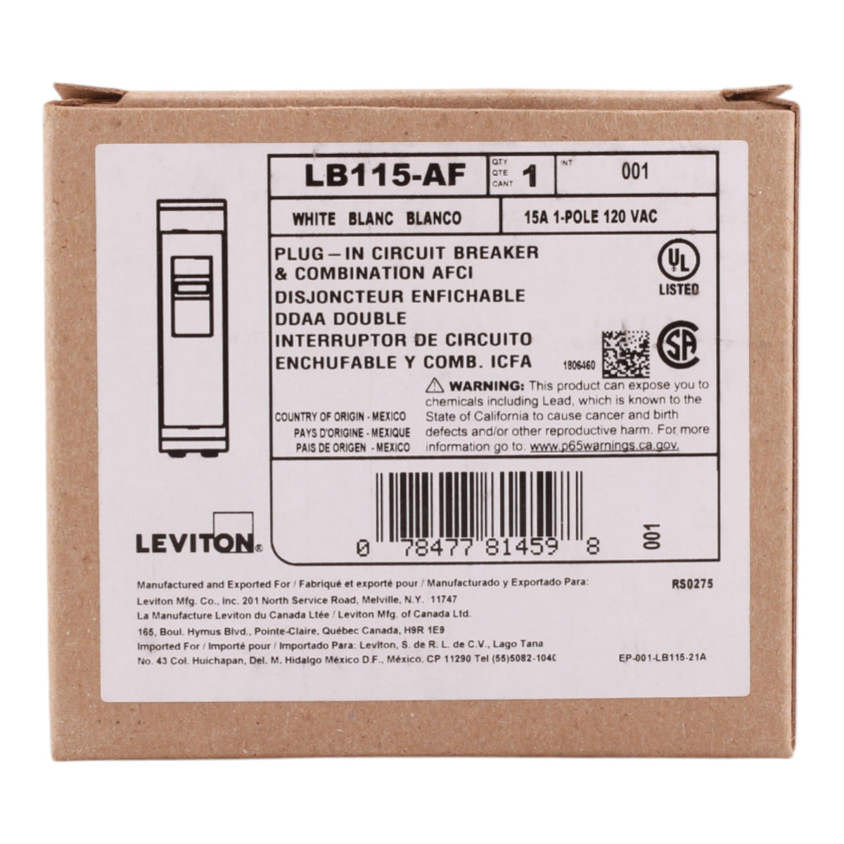 Leviton LB115-AF 15A 1P 120V AFCI Plug-On Neutral Circuit Breaker - Image 2