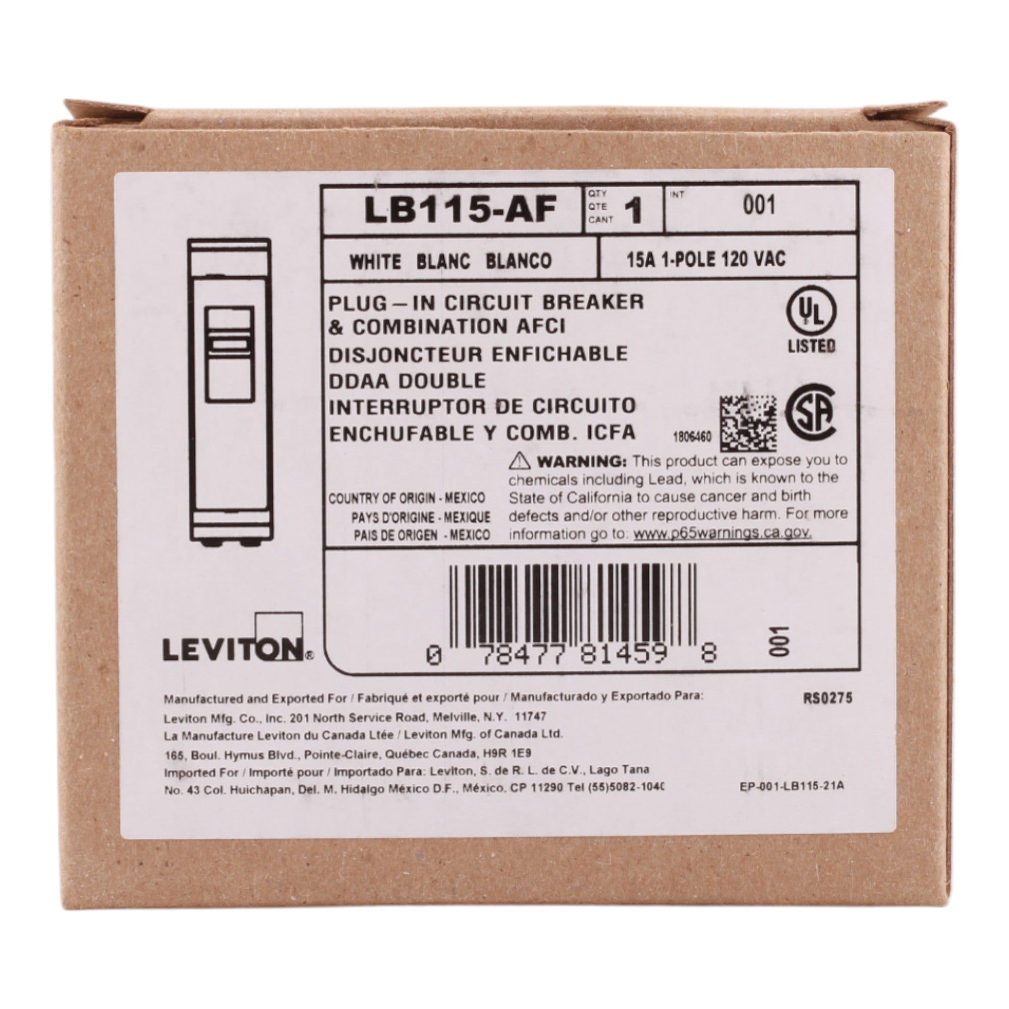 Leviton LB115-AF 15A 1P 120V AFCI Plug-On Neutral Circuit Breaker - Image 2