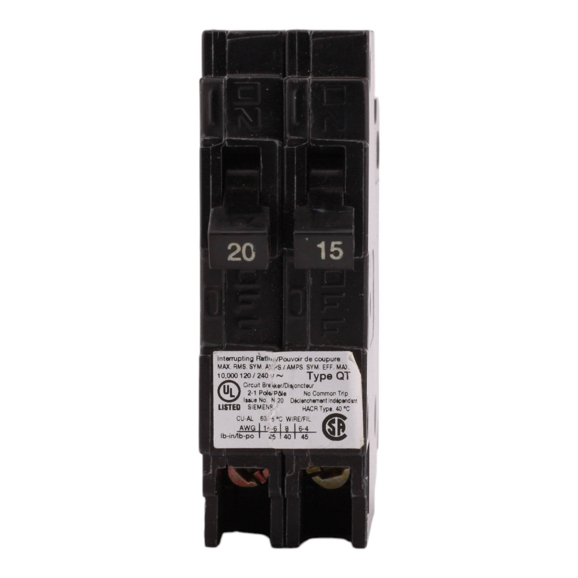 Siemens QT Q2015NC 20A/15A 1P 120V Duplex Circuit Breaker - Image 2