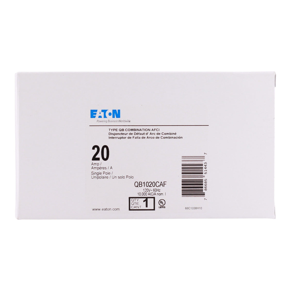 Eaton QB1020CAF 20 Amps 120 Volts Single Pole AFCI Circuit Breaker Bolt-On Cable-In/Out - Image 3