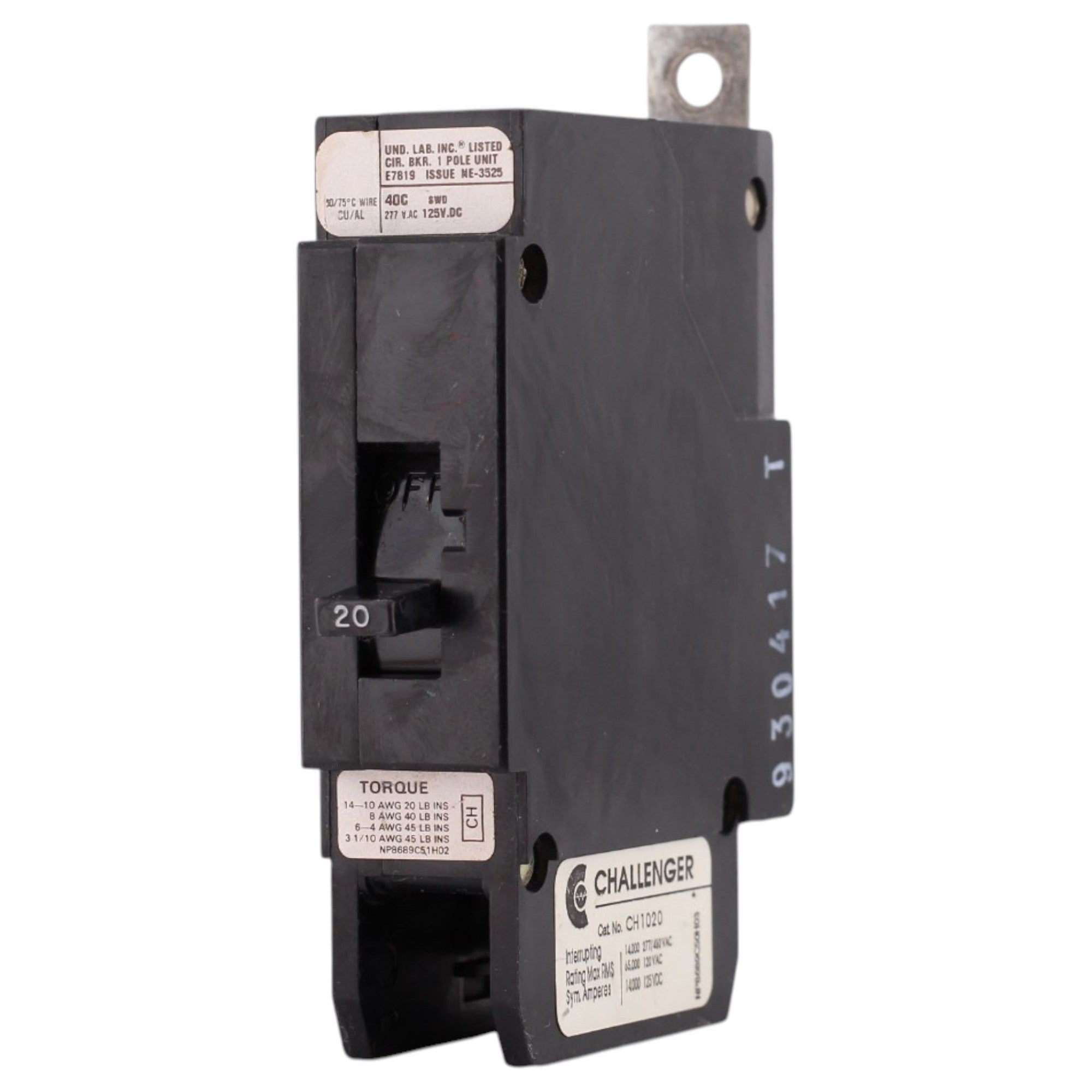 Challenger CH, CH1020, 20A, 1P, 277V, Bolt-On, Circuit Breaker - Image 3