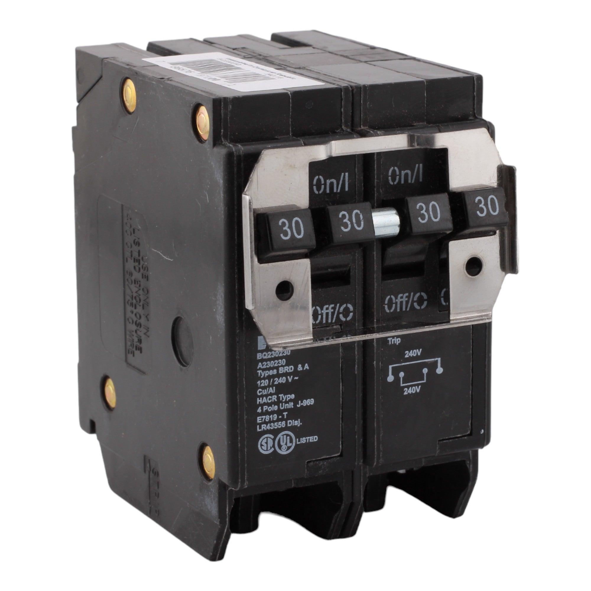 Eaton BQ, BQ230230, 30A/30A, 2P/2P, 120/240V, Quadplex, Circuit Breaker