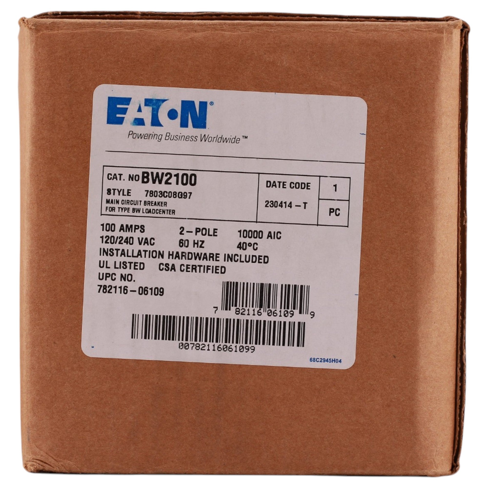 Eaton BW, BW2100, 100A, 2P, 120/240V, Thermal Magnetic, Main Circuit Breaker - Image 2