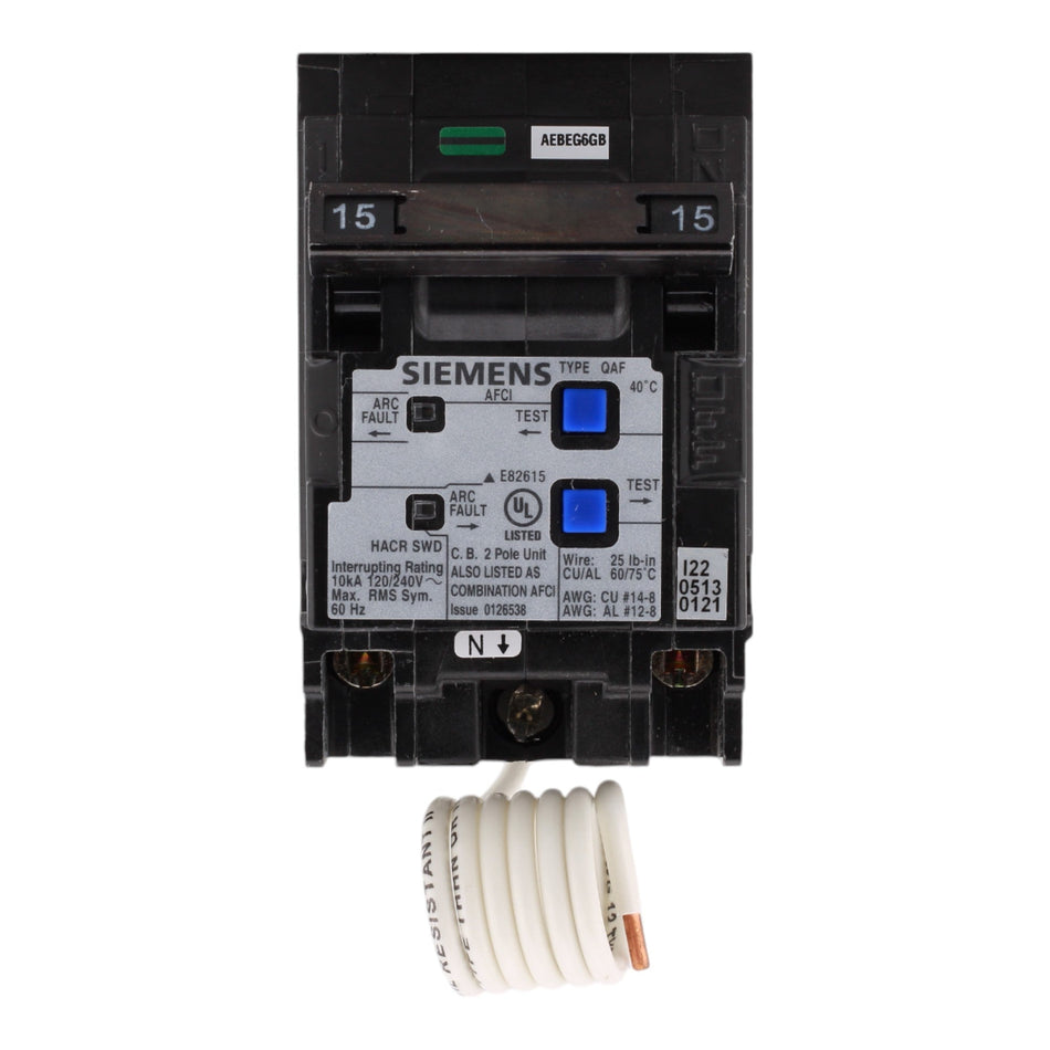 Siemens Q215AFC, 15 Amps, 120/240 Volts, Double Pole, Combination AFCI Circuit Breaker, Plug-In Mount, Pigtail Connection, for Siemens Panels - Image 2