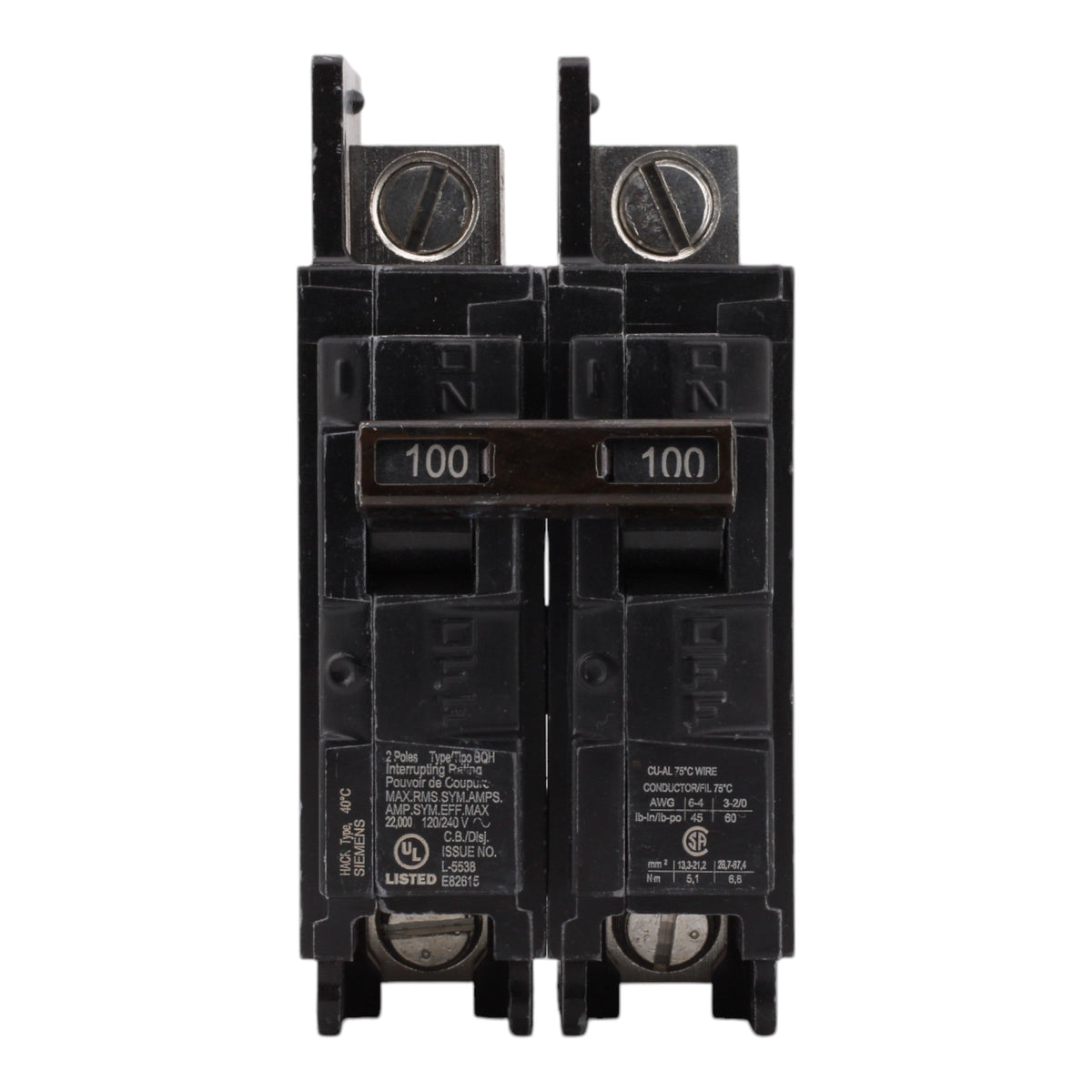 Siemens BQ2B100H, 100A, 120/240V, 2-Pole, Molded Case Circuit Breaker, Common Trip, 22kA Interrupt Rating, Load Side Lugs Included - Image 2