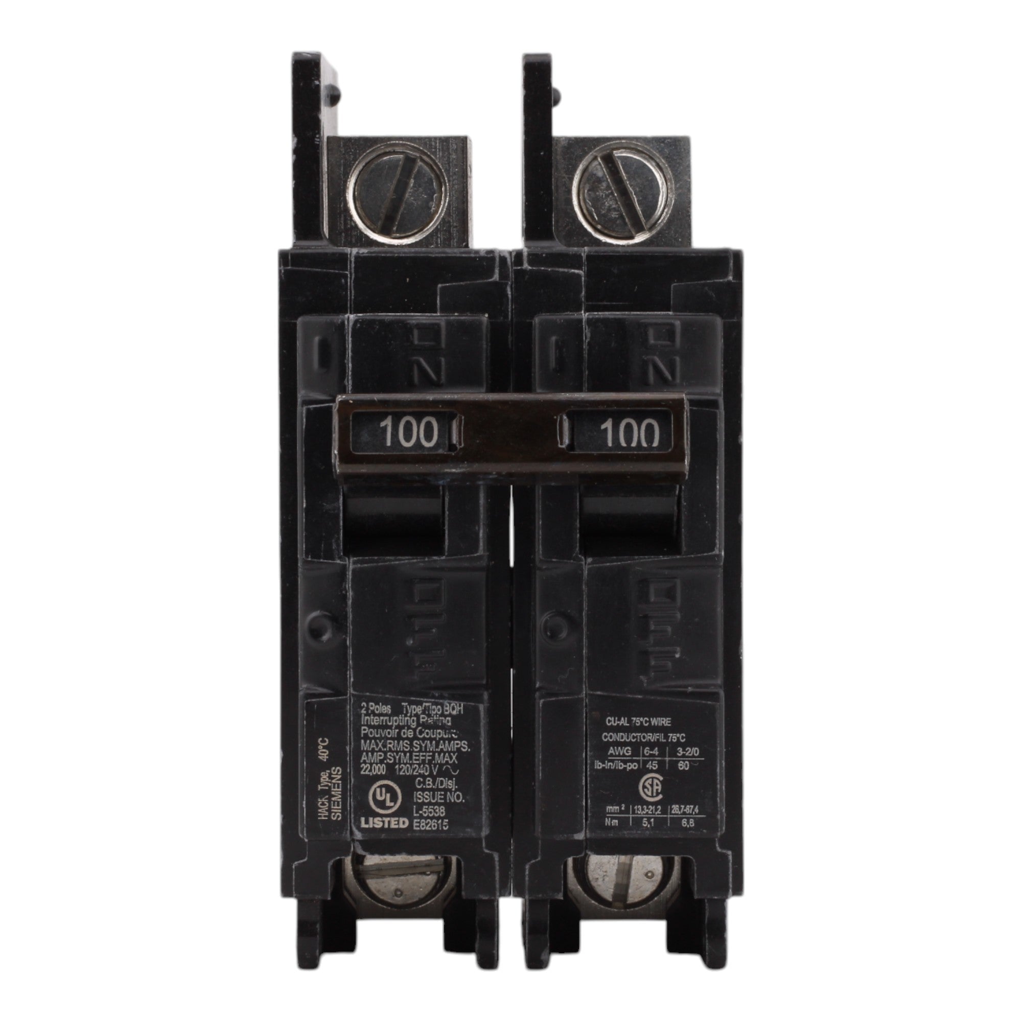 Siemens BQ2B100H, 100A, 120/240V, 2-Pole, Molded Case Circuit Breaker, Common Trip, 22kA Interrupt Rating, Load Side Lugs Included - Image 2