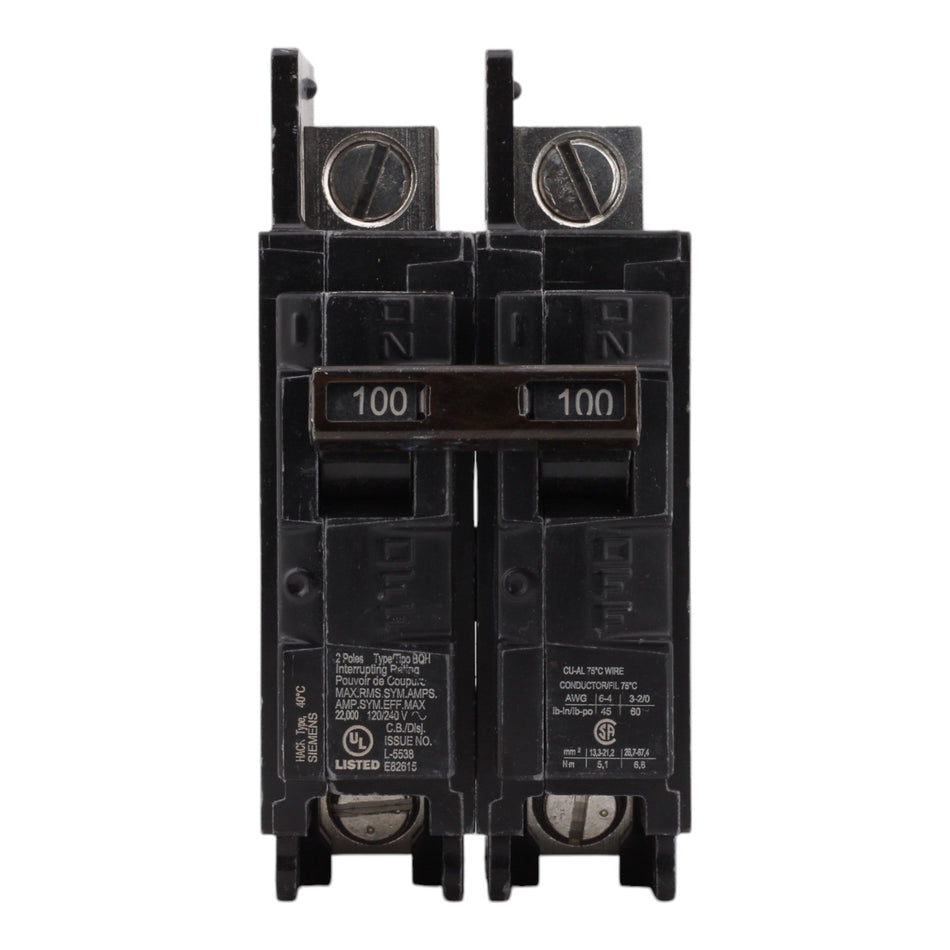 Siemens BQ2B100H, 100A, 120/240V, 2-Pole, Molded Case Circuit Breaker, Common Trip, 22kA Interrupt Rating, Load Side Lugs Included - Image 2