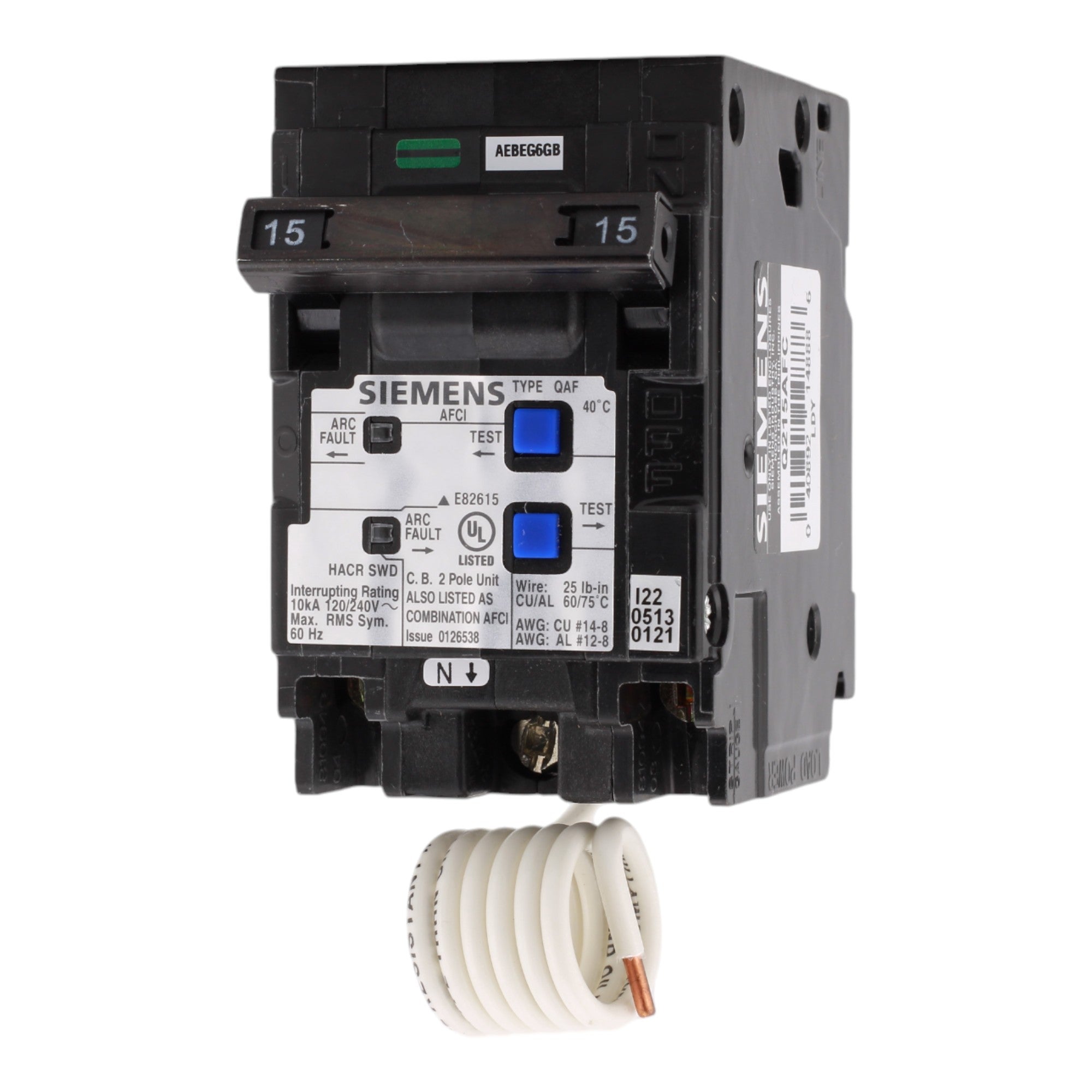 Siemens Q215AFC, 15 Amps, 120/240 Volts, Double Pole, Combination AFCI Circuit Breaker, Plug-In Mount, Pigtail Connection, for Siemens Panels - Image 3