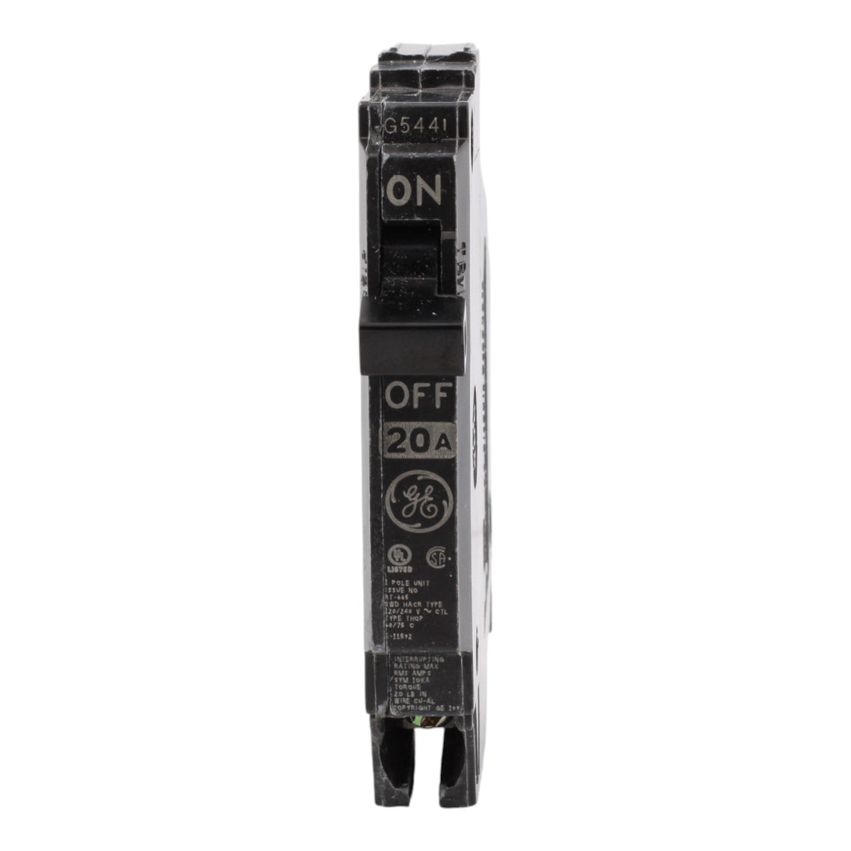 GE THQP120 20 Amp Single-Pole Circuit Breaker - 120/240V, 10kA, Plug-In, UL Listed - Image 2