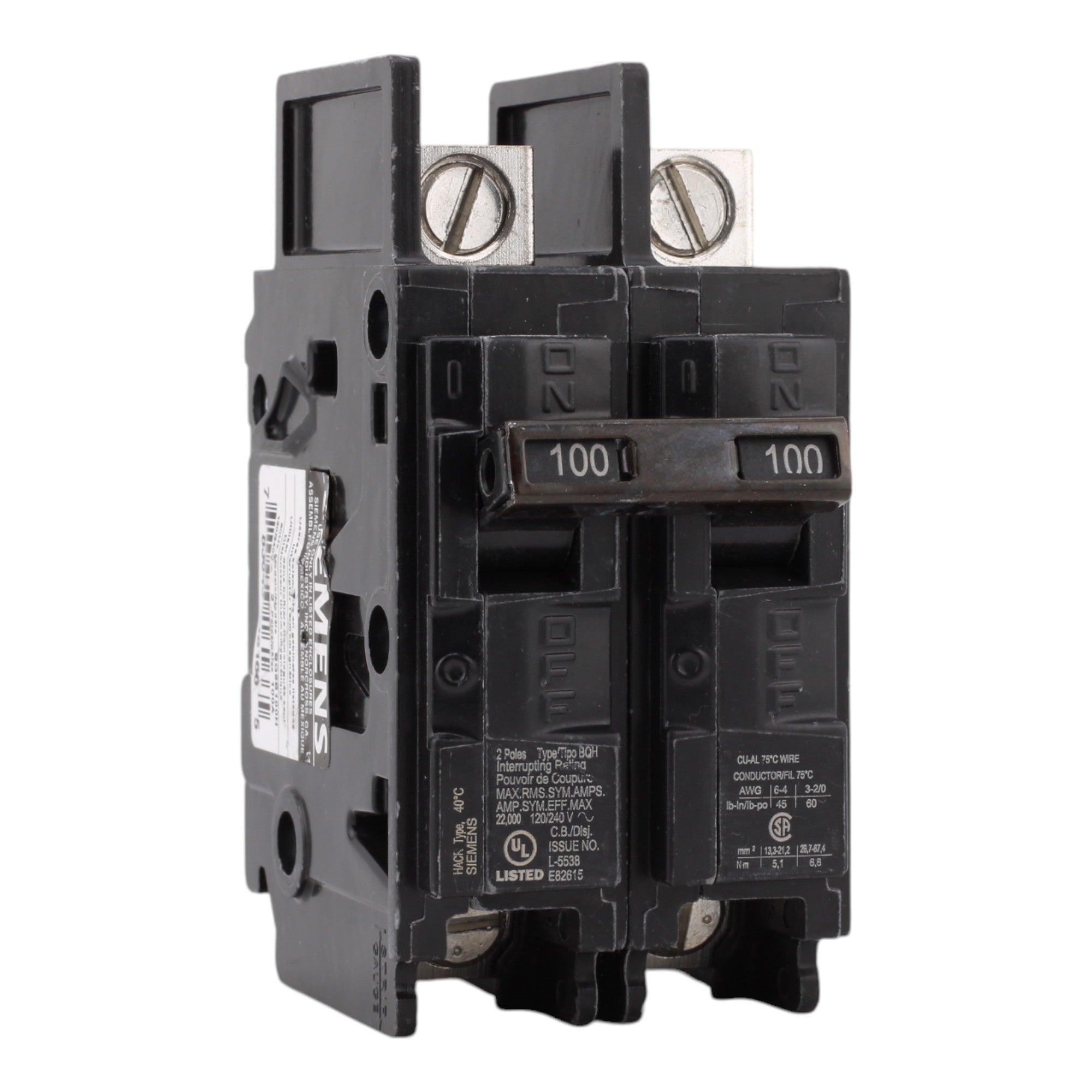 Siemens BQ2B100H, 100A, 120/240V, 2-Pole, Molded Case Circuit Breaker, Common Trip, 22kA Interrupt Rating, Load Side Lugs Included
