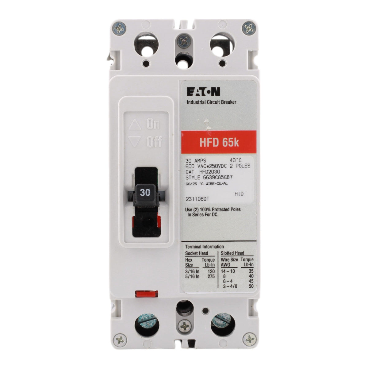 Eaton HFD2030 Molded Case Circuit Breaker, 30A, 600V AC, 250V DC, 2-Pole, 65 kAIC, F-Frame - Image 2