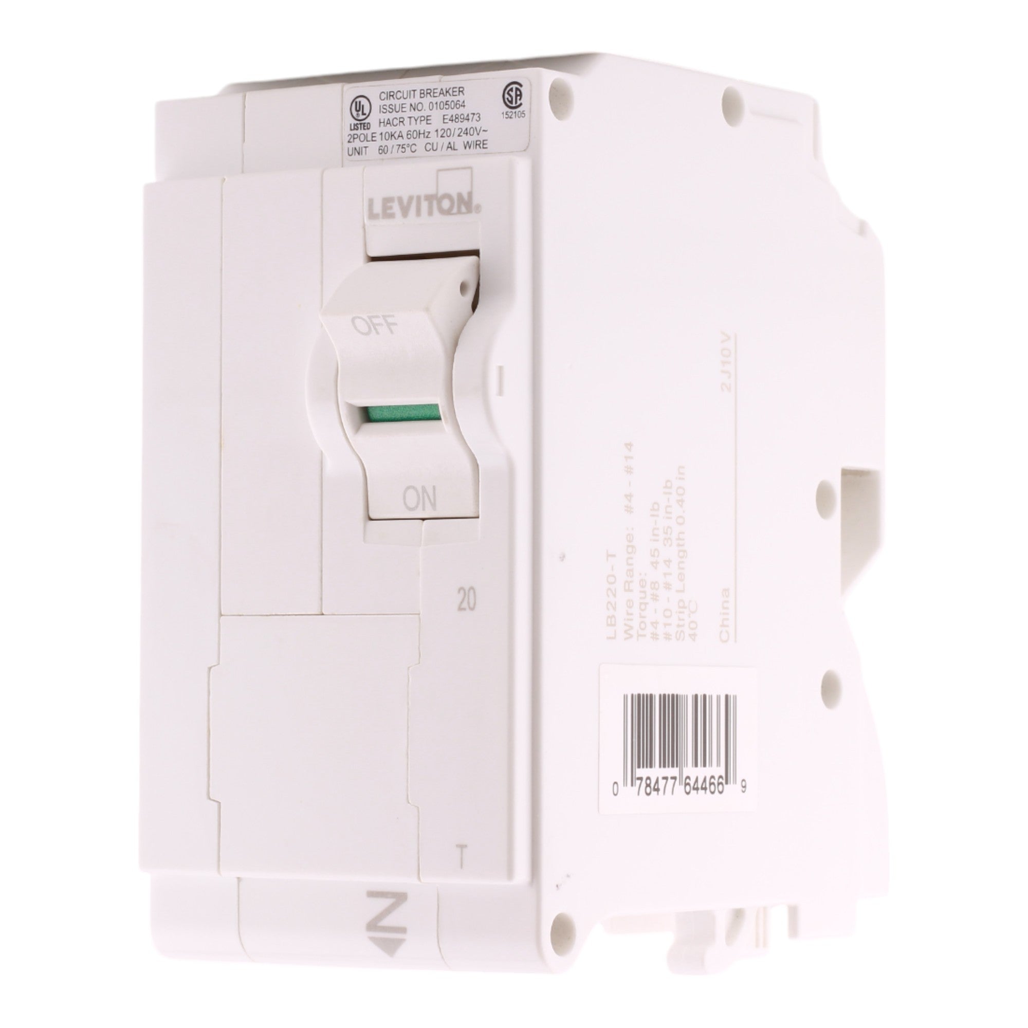 Leviton LB220-T 20A 2P 120/240V Standard Plug-On Neutral Circuit Breaker