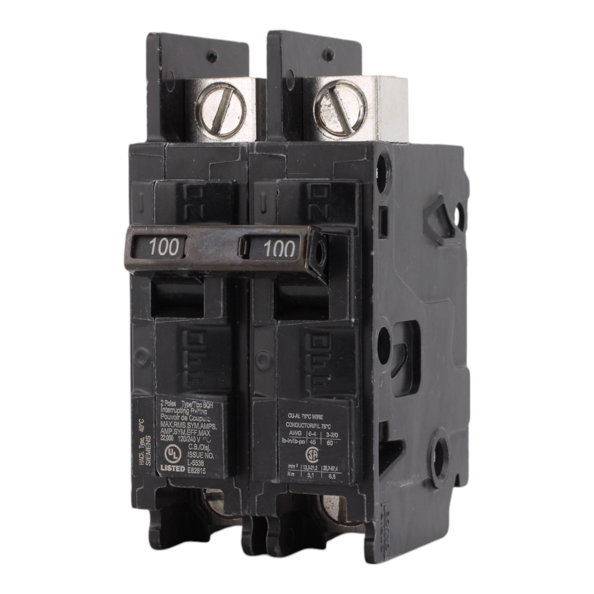 Siemens BQ2B100H, 100A, 120/240V, 2-Pole, Molded Case Circuit Breaker, Common Trip, 22kA Interrupt Rating, Load Side Lugs Included - Image 3
