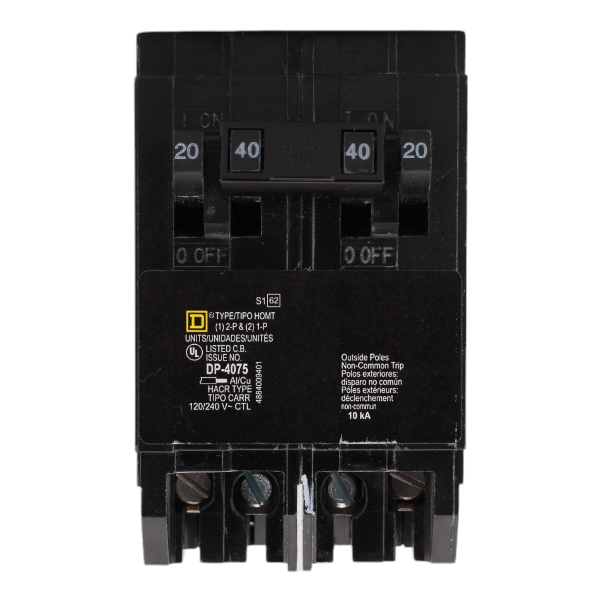 Square D HOMT2020240 20/20/40A 120/240V Quad Tandem Circuit Breaker, Plug-In, 10kA Interrupt, for Homeline Load Centers - Image 2