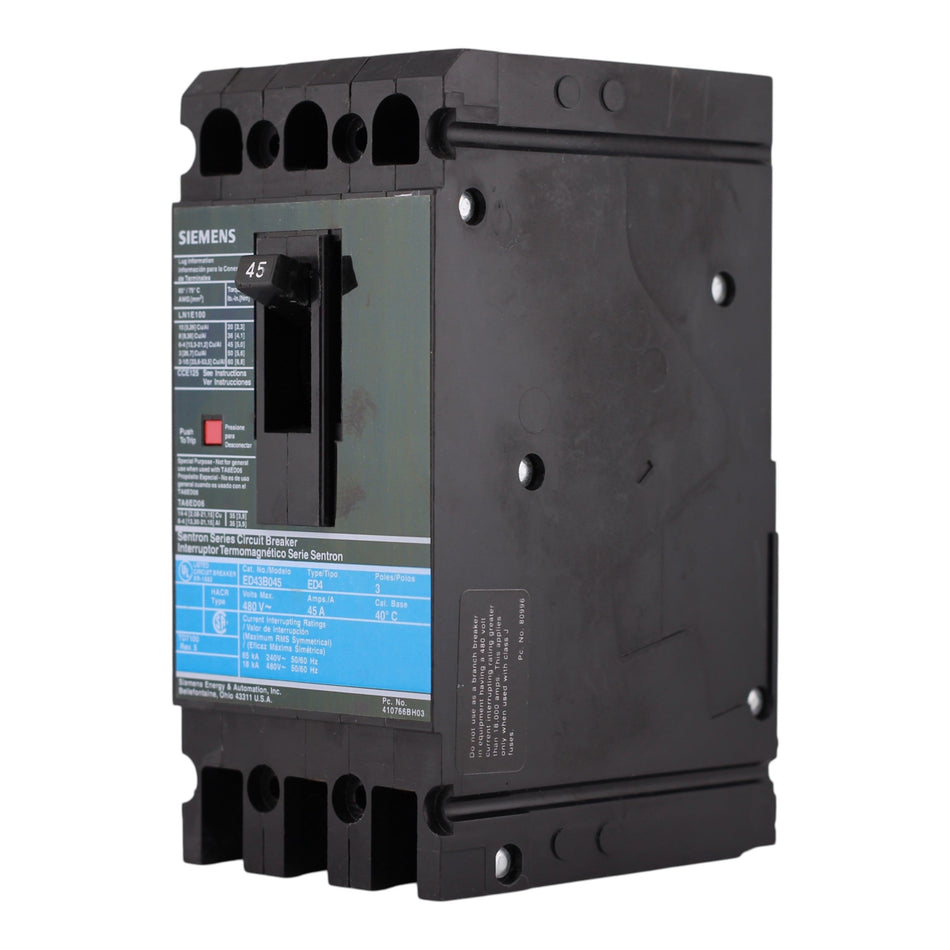 Siemens Sentron, ED43B045L, 45A, 3P, 480V, Thermal Magnetic, Lug, Circuit Breaker - Image 2