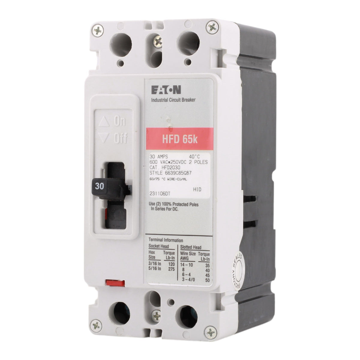Eaton HFD2030 Molded Case Circuit Breaker, 30A, 600V AC, 250V DC, 2-Pole, 65 kAIC, F-Frame - Image 3