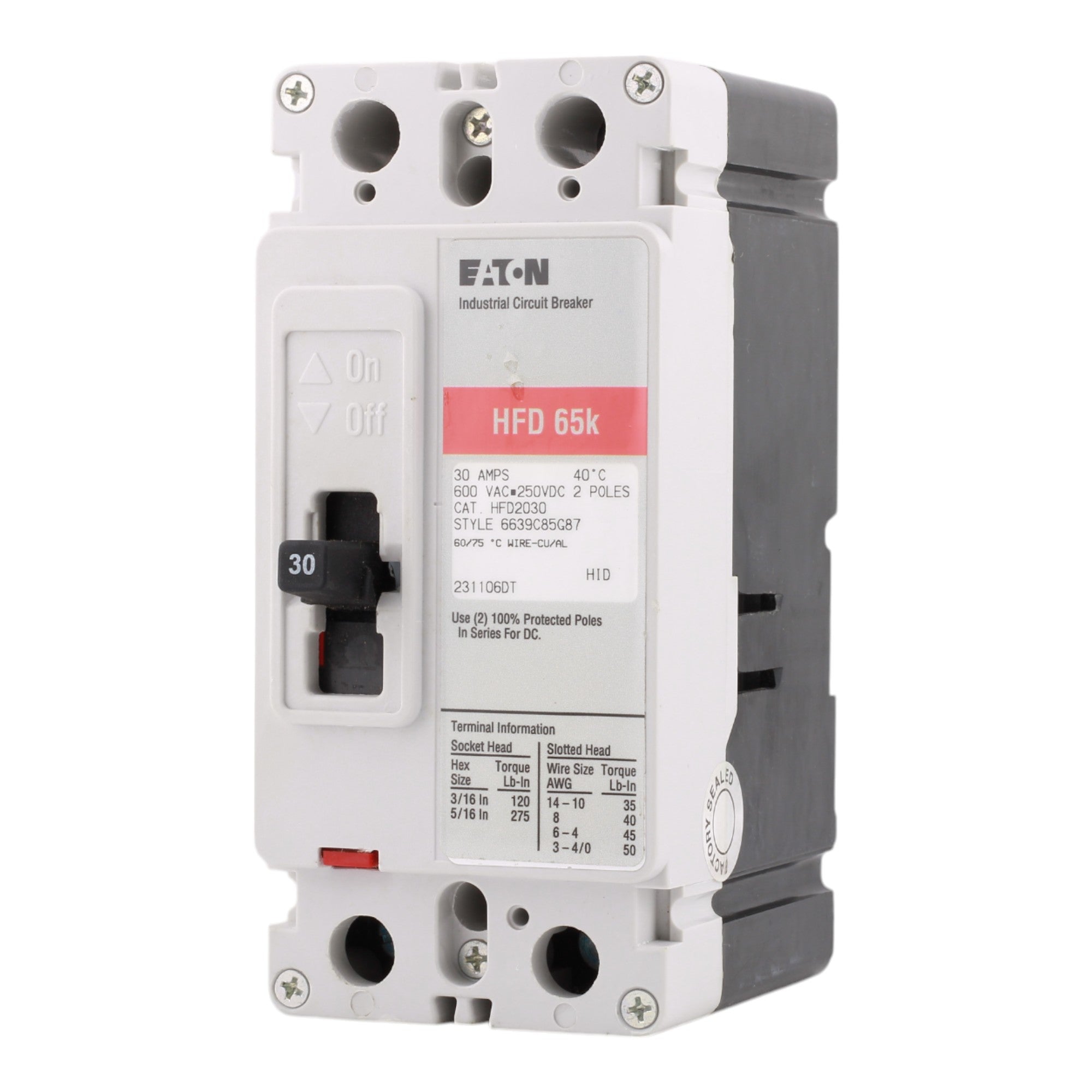 Eaton HFD2030 Molded Case Circuit Breaker, 30A, 600V AC, 250V DC, 2-Pole, 65 kAIC, F-Frame - Image 3