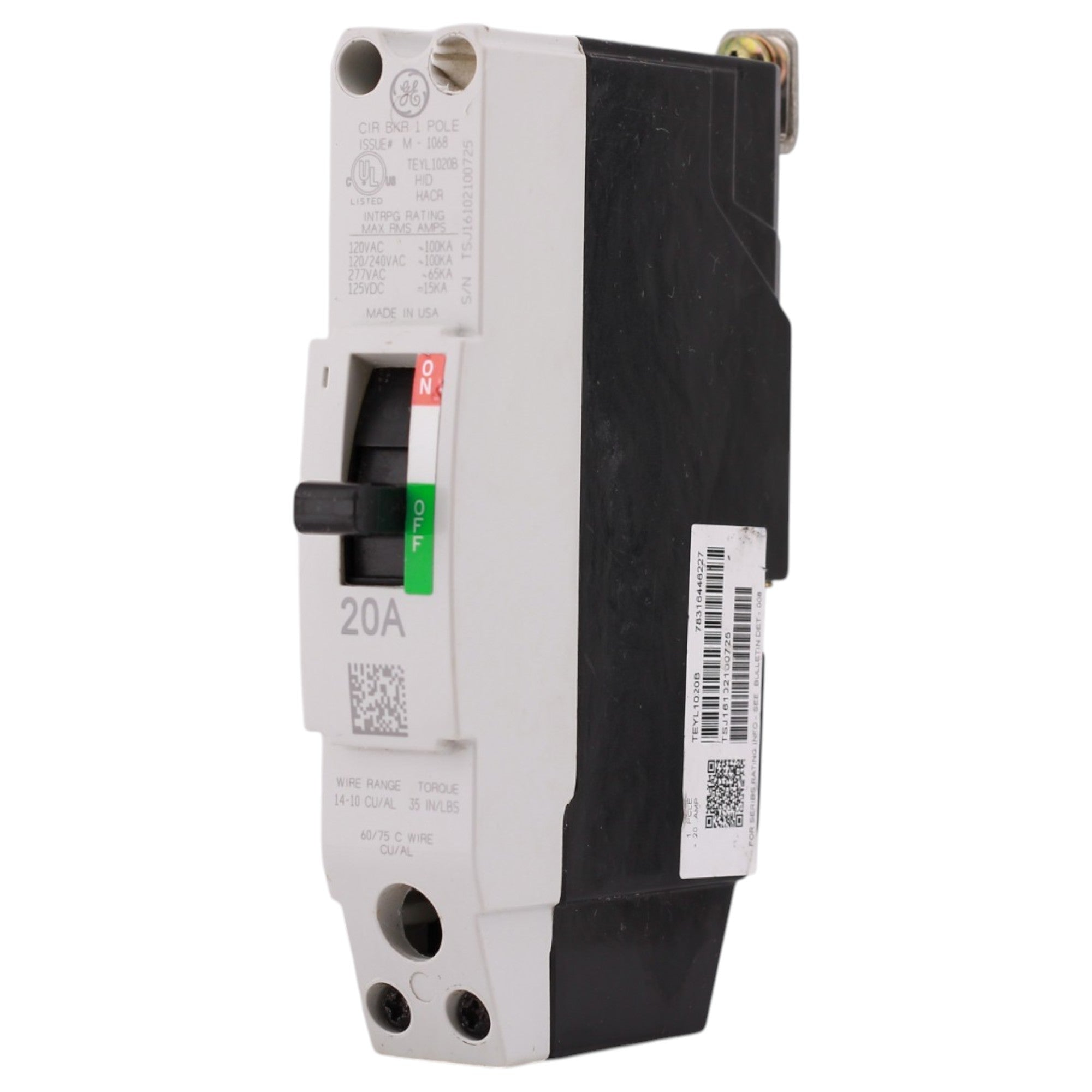GE TEY, TEYL1020B, 20A, 1P, 480/277V, 65kAIC, Bolt-On, Lighting Panel Circuit Breaker - Image 3