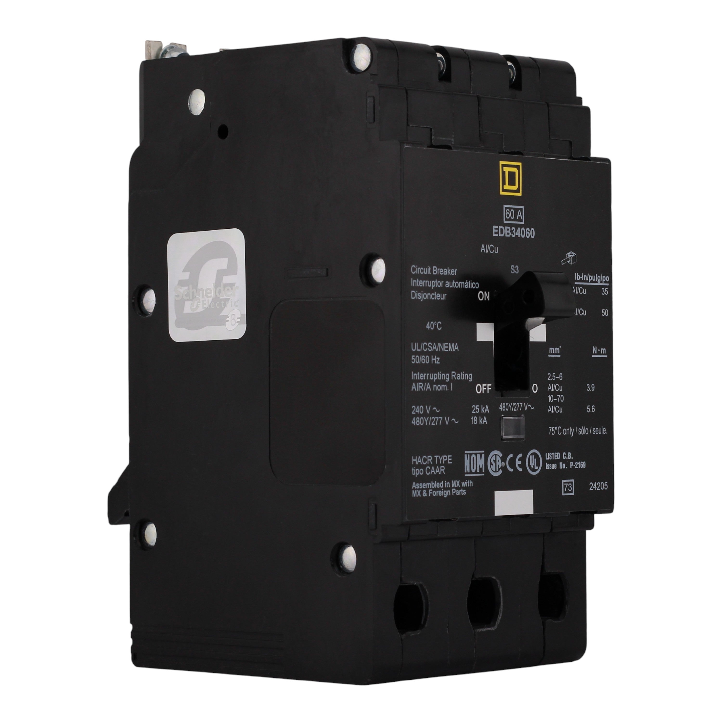 Square D E-Frame EDB34060 60A 3P 480Y/277V Thermal-Magnetic Bolt-On Circuit Breaker