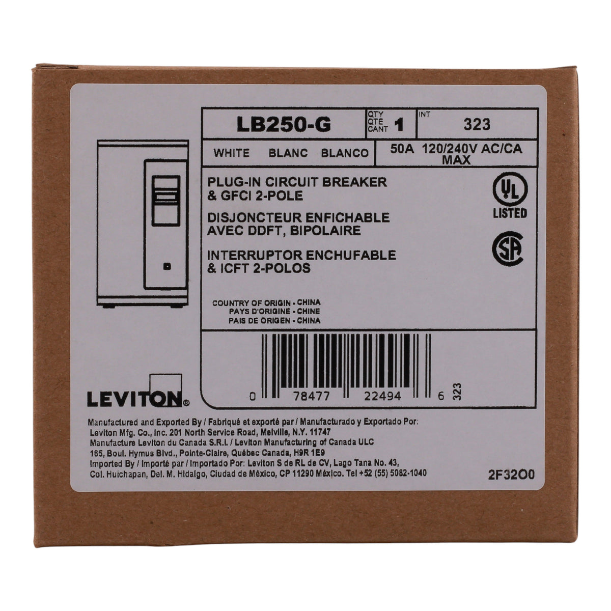 Leviton LB250-G 50A 2P 120/240V GFCI Plug-On Neutral Circuit Breaker - Image 3