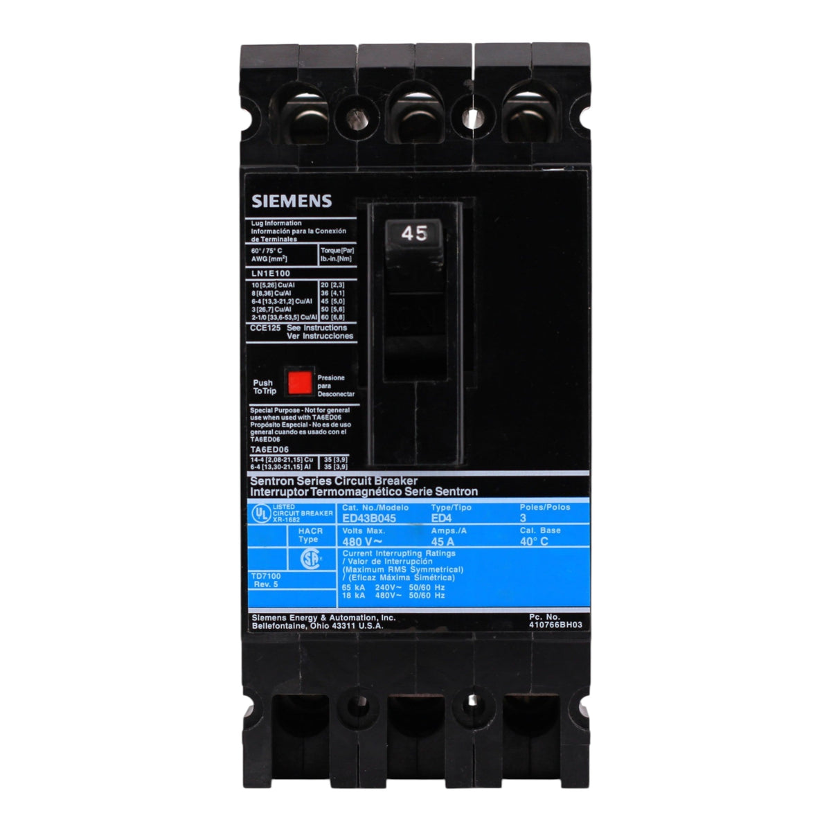 Siemens Sentron, ED43B045L, 45A, 3P, 480V, Thermal Magnetic, Lug, Circuit Breaker - Image 4
